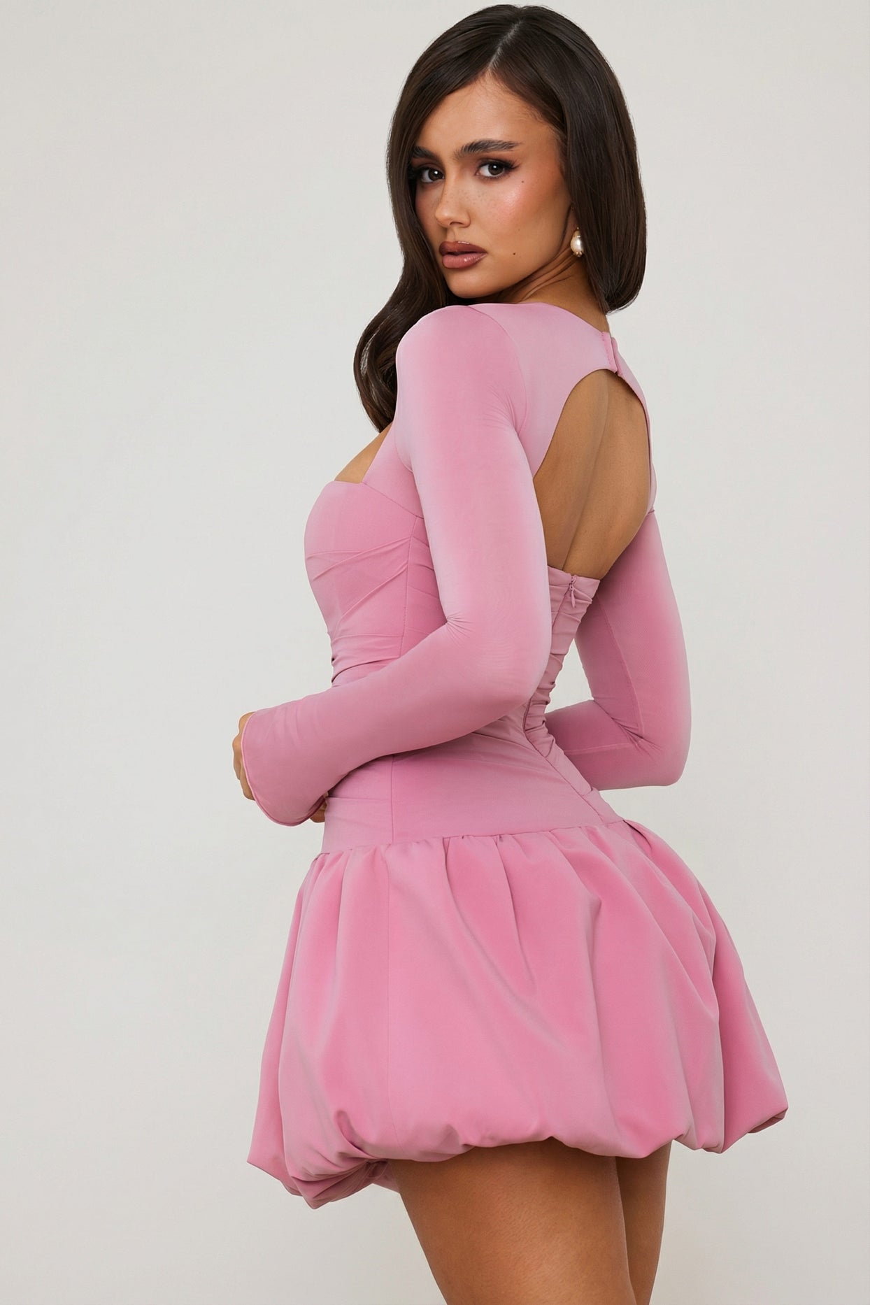 Long-Sleeve Bubble Hem Mini Dress in Mauve - 6