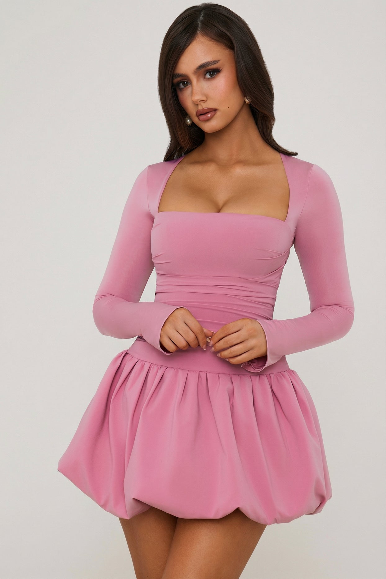 Long-Sleeve Bubble Hem Mini Dress in Mauve - 7