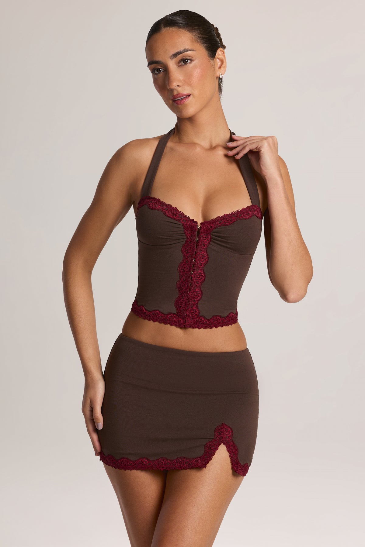Modal Lace-Trim Low-Rise Mini Skirt in Chocolate Brown