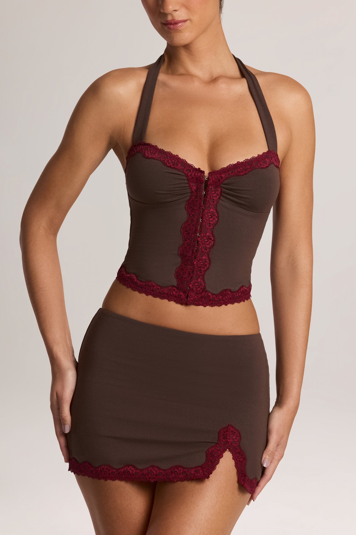 Modal Lace-Trim Low-Rise Mini Skirt in Chocolate Brown