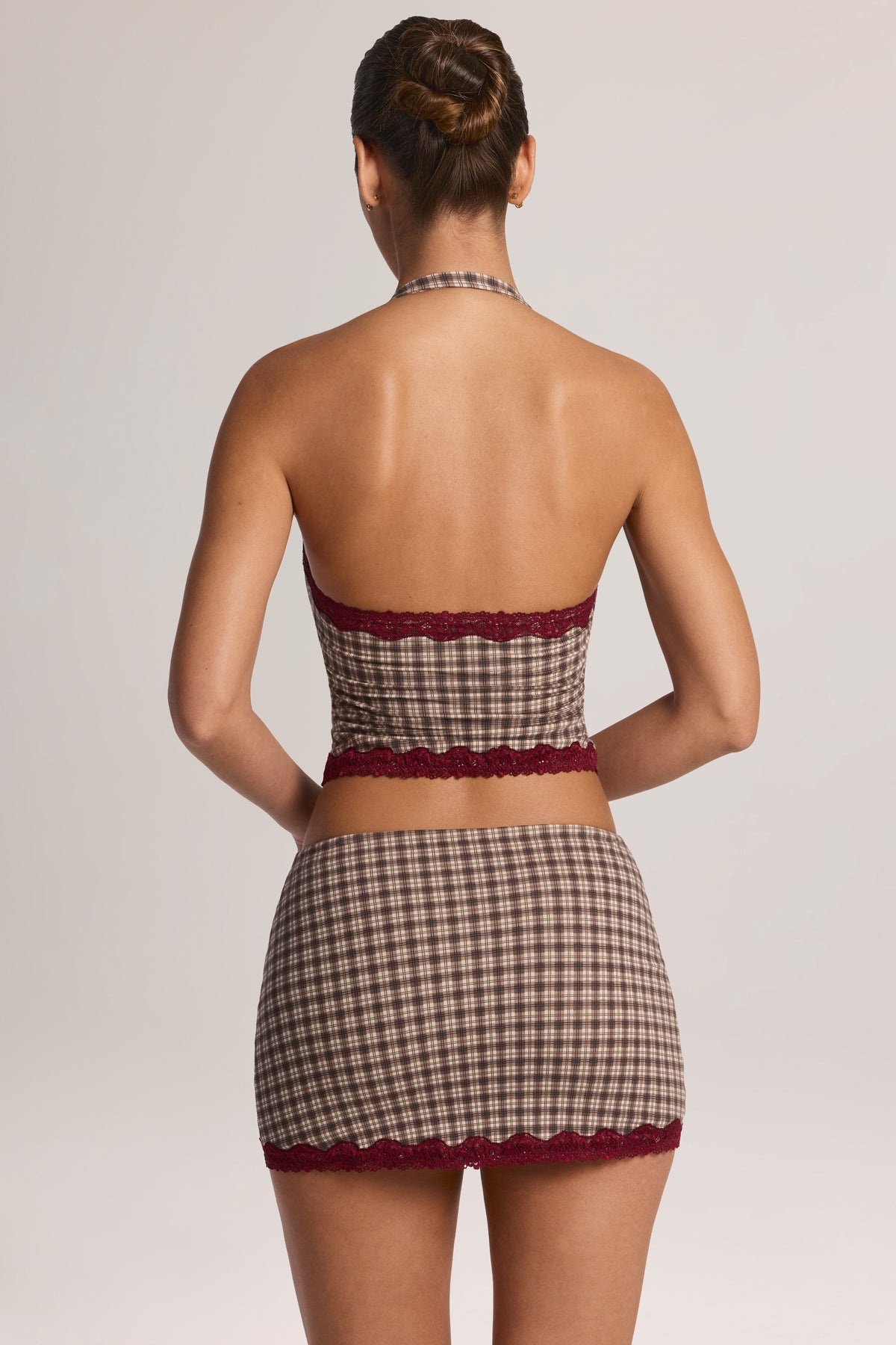 Modal Lace-Trim Low-Rise Mini Skirt in Square Check Print