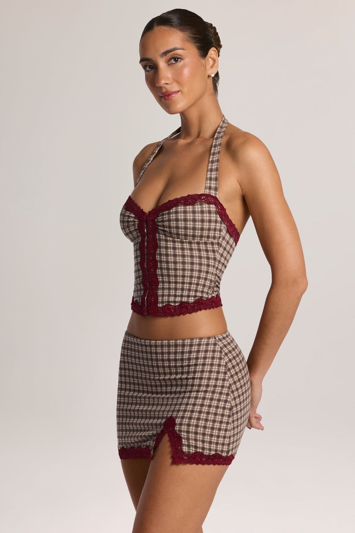 Modal Lace-Trim Low-Rise Mini Skirt in Square Check Print