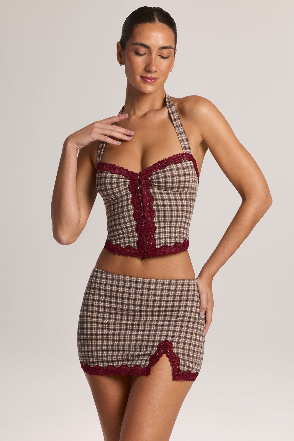 Modal Lace-Trim Low-Rise Mini Skirt in Square Check Print