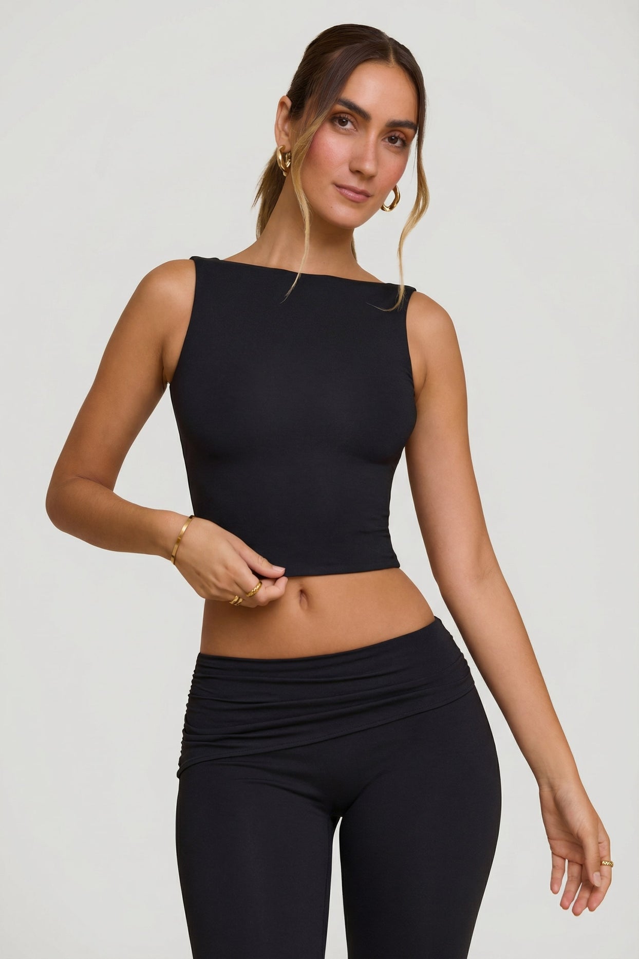 High Neck Open Back Crop Top in Black - 10