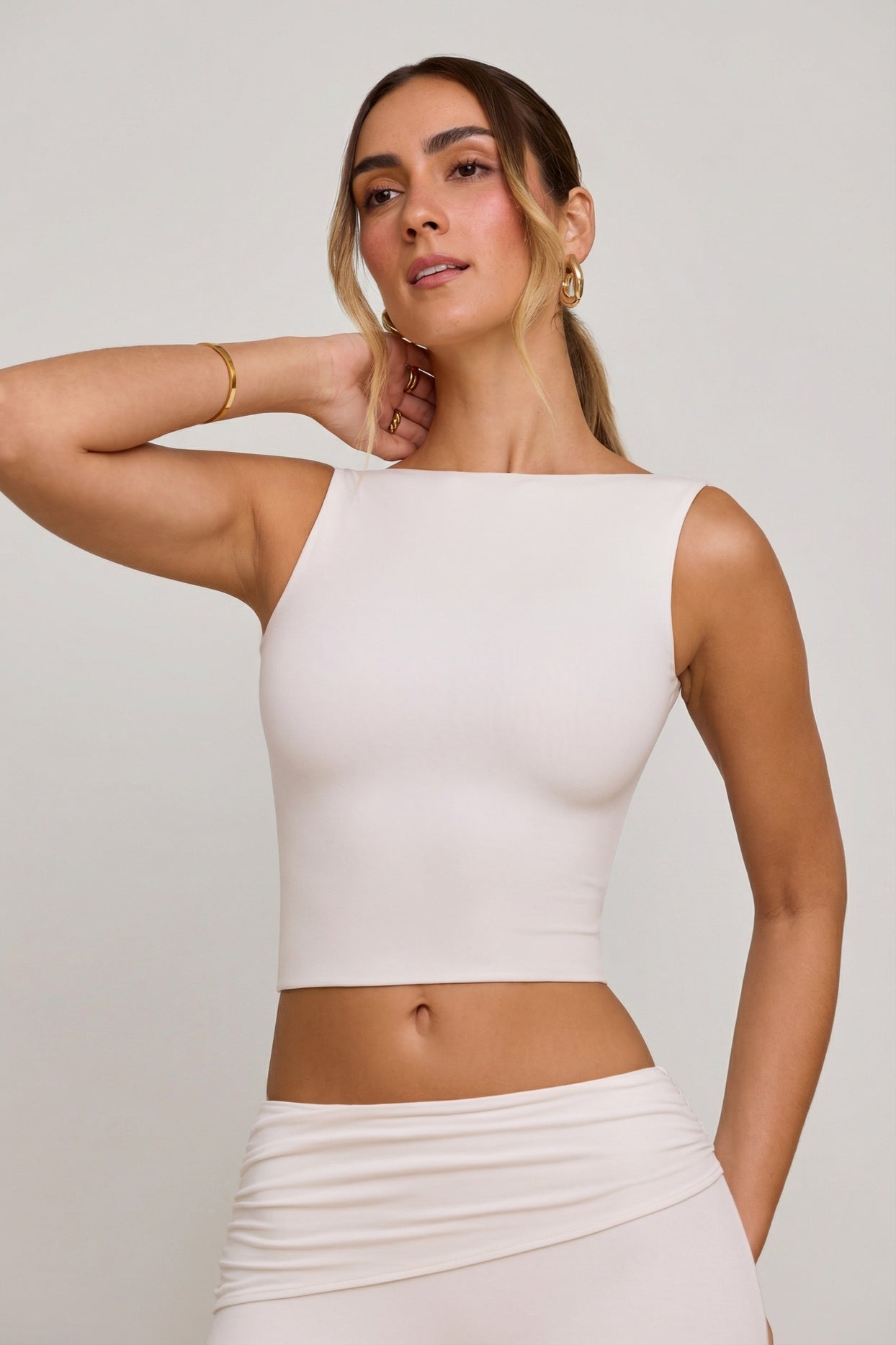 High Neck Open Back Crop Top in White - 4