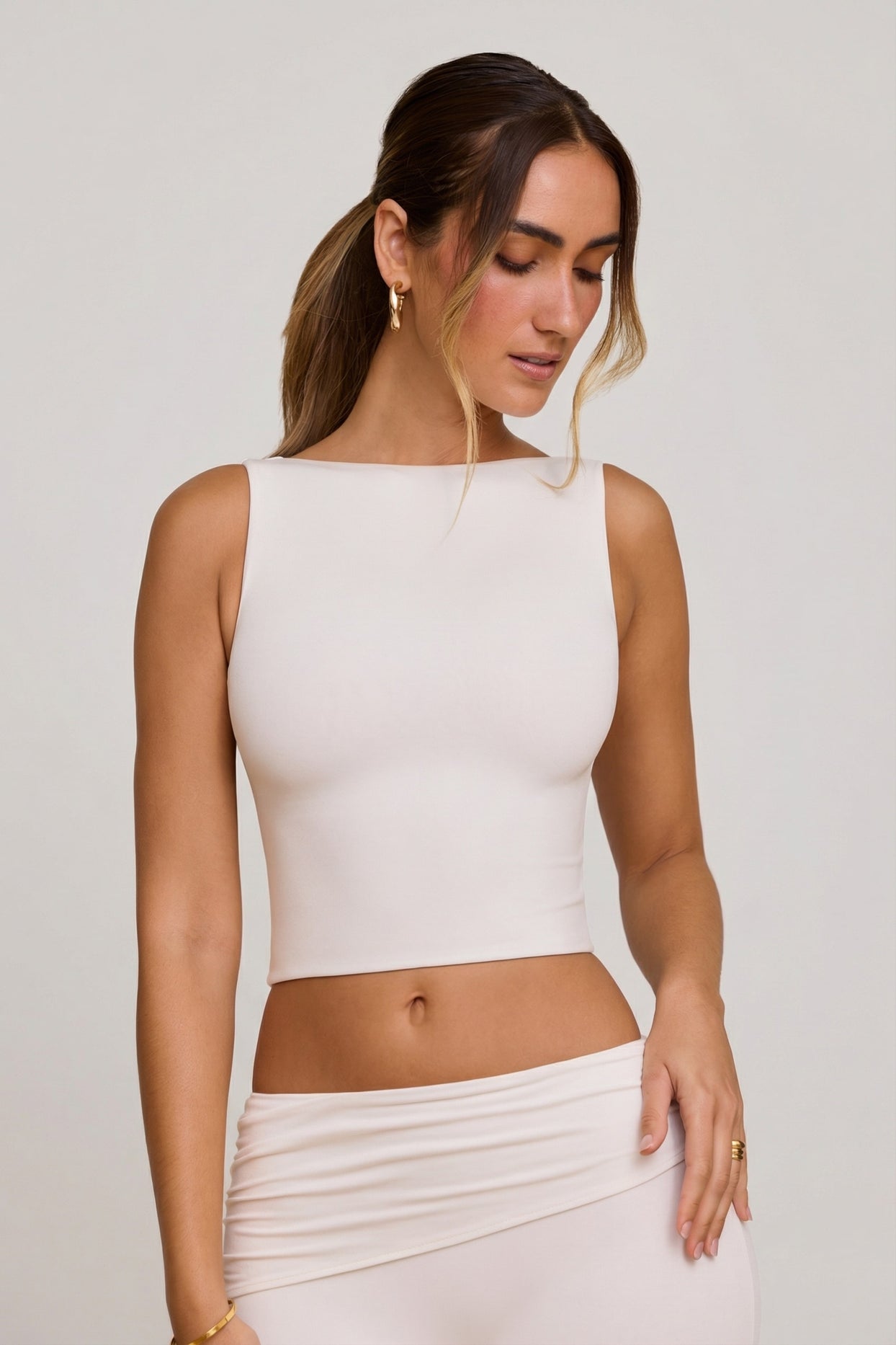High Neck Open Back Crop Top in White - 6
