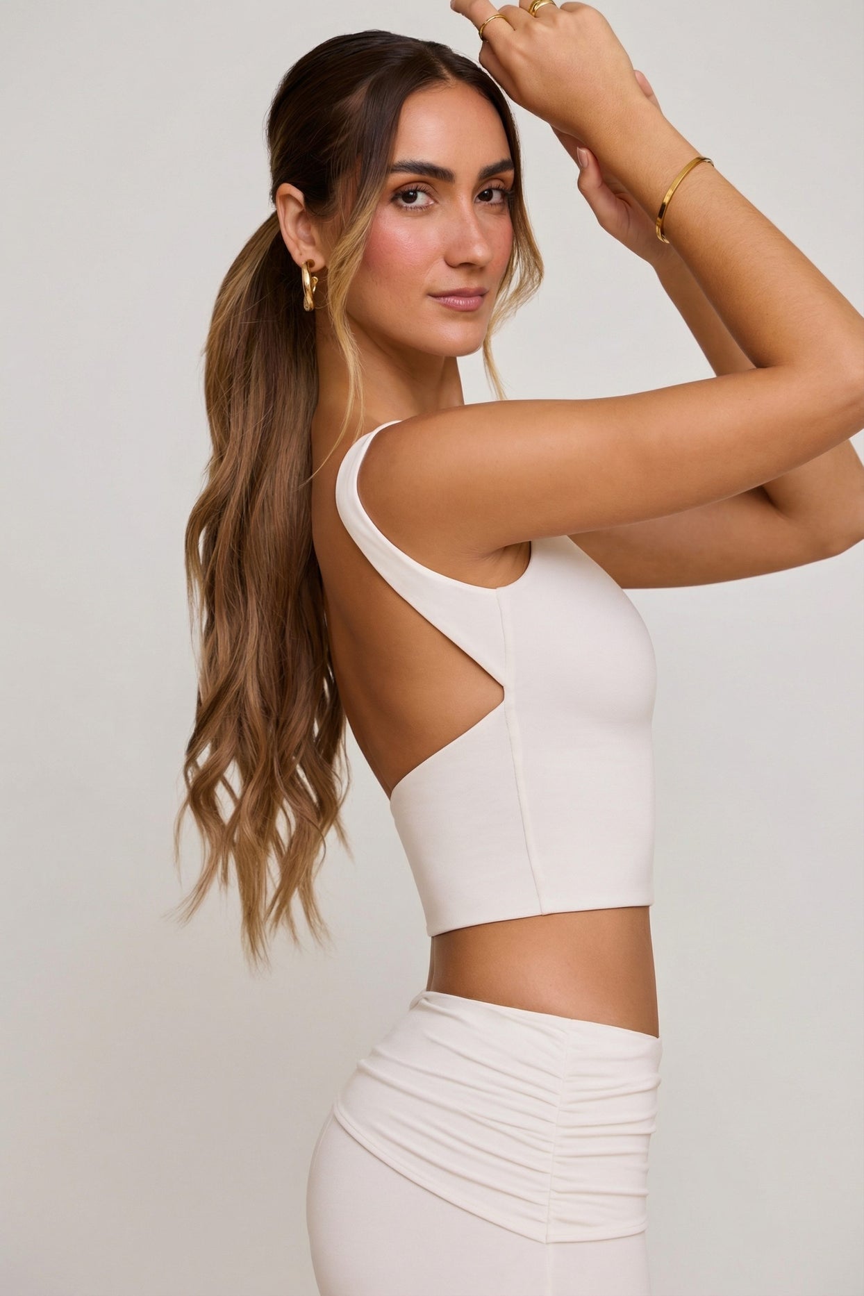 High Neck Open Back Crop Top in White - 3