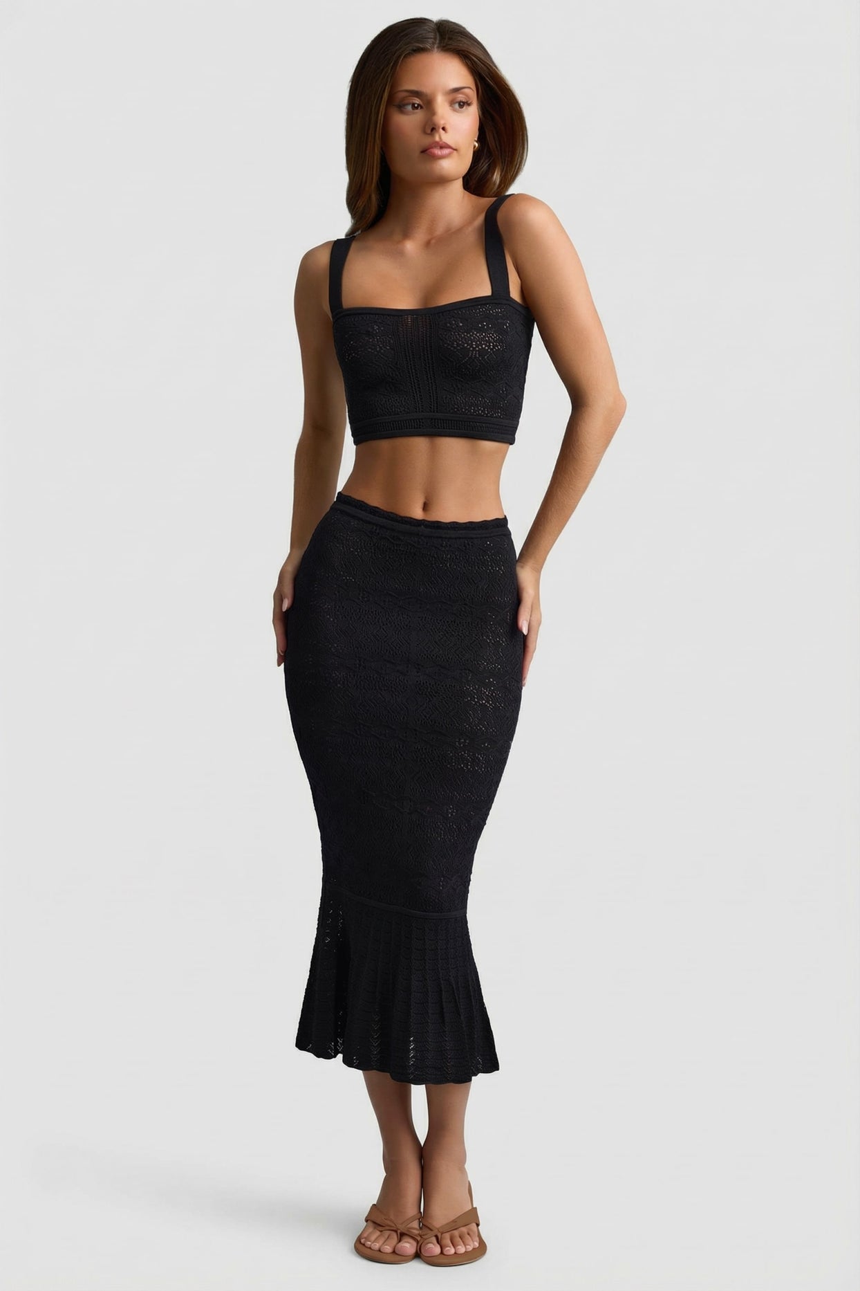 Ruffle-Trim Pointelle-Knit Midaxi Skirt in Black - 4