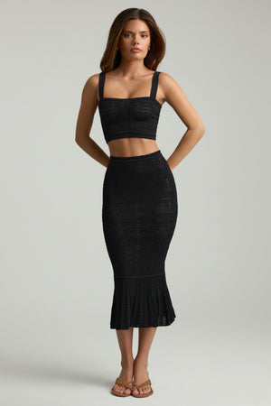 Ruffle-Trim Pointelle-Knit Midaxi Skirt in Black