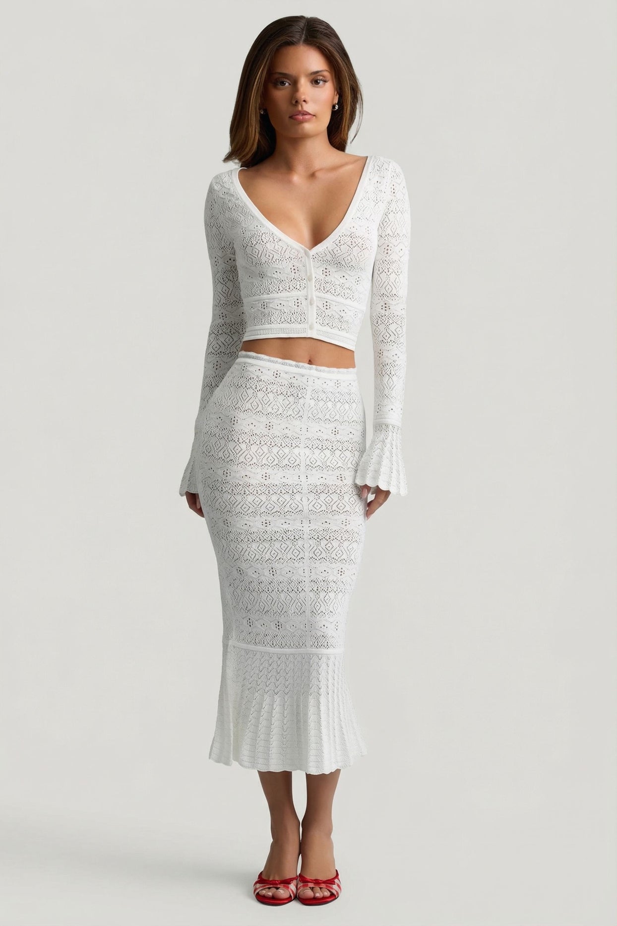 Ruffle-Trim Pointelle-Knit Midaxi Skirt in White - 4