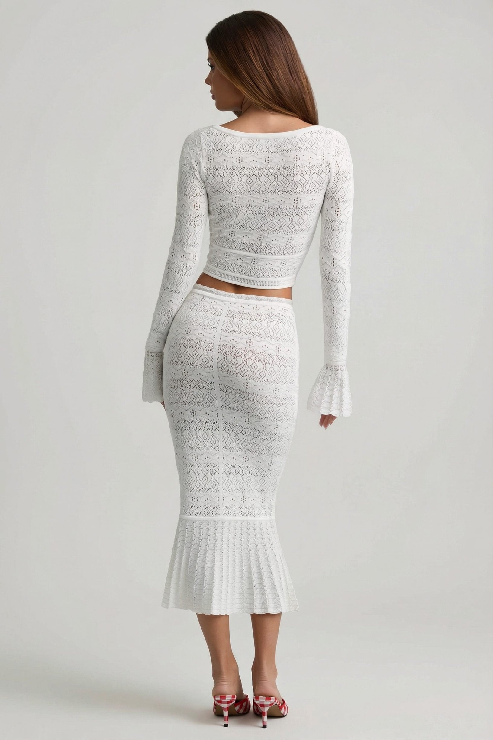 Ruffle-Trim Pointelle-Knit Midaxi Skirt in White - 2