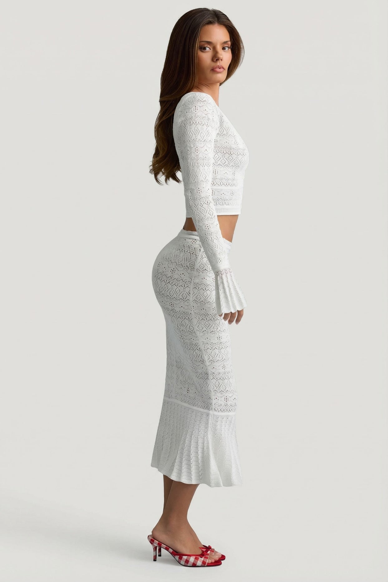 Ruffle-Trim Pointelle-Knit Midaxi Skirt in White - 3