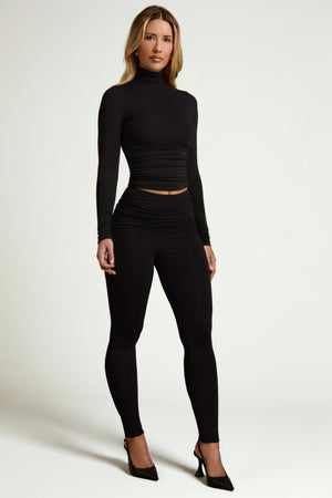 Modal Ruched Mid-Rise Leggings in Black
