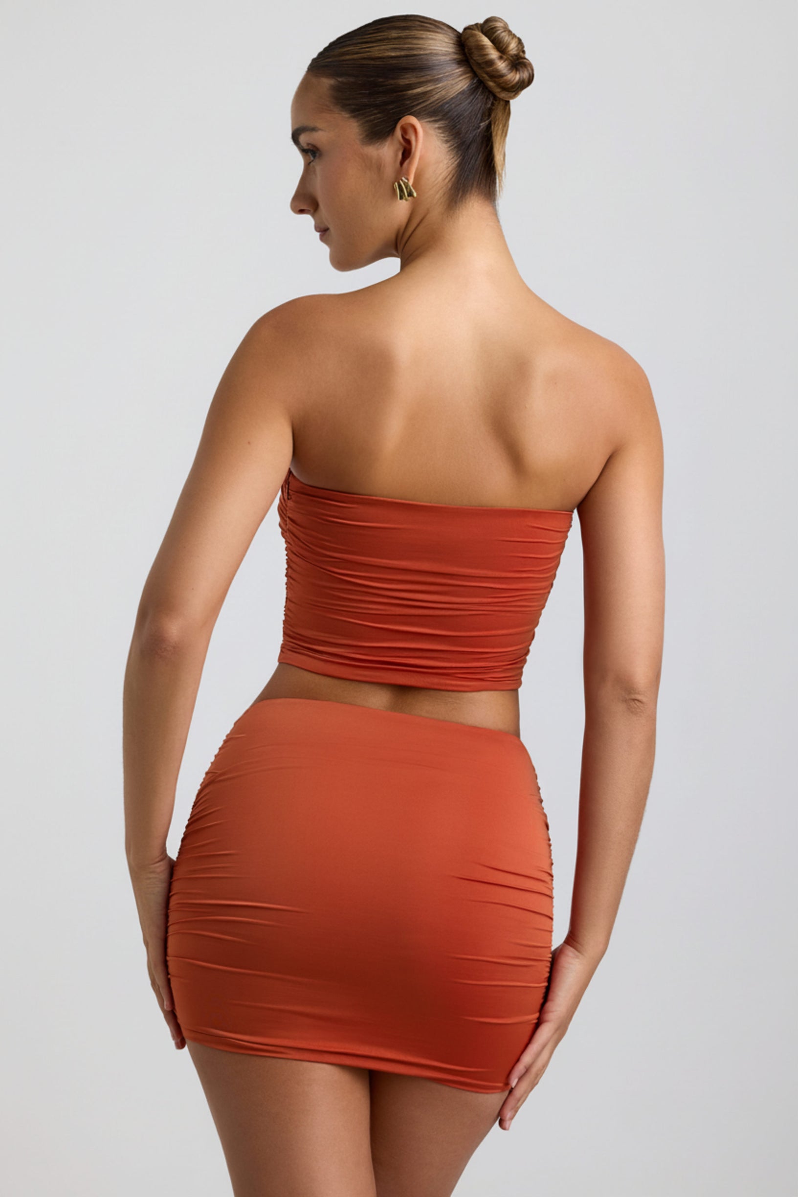 Slinky Jersey Ruched Micro Mini Skirt in Burnt Orange - 2