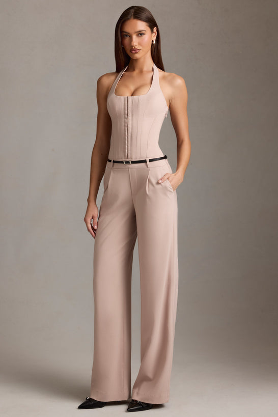 Corset-Detail Halterneck Jumpsuit in Mushroom