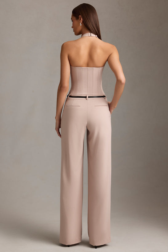 Corset-Detail Halterneck Jumpsuit in Mushroom