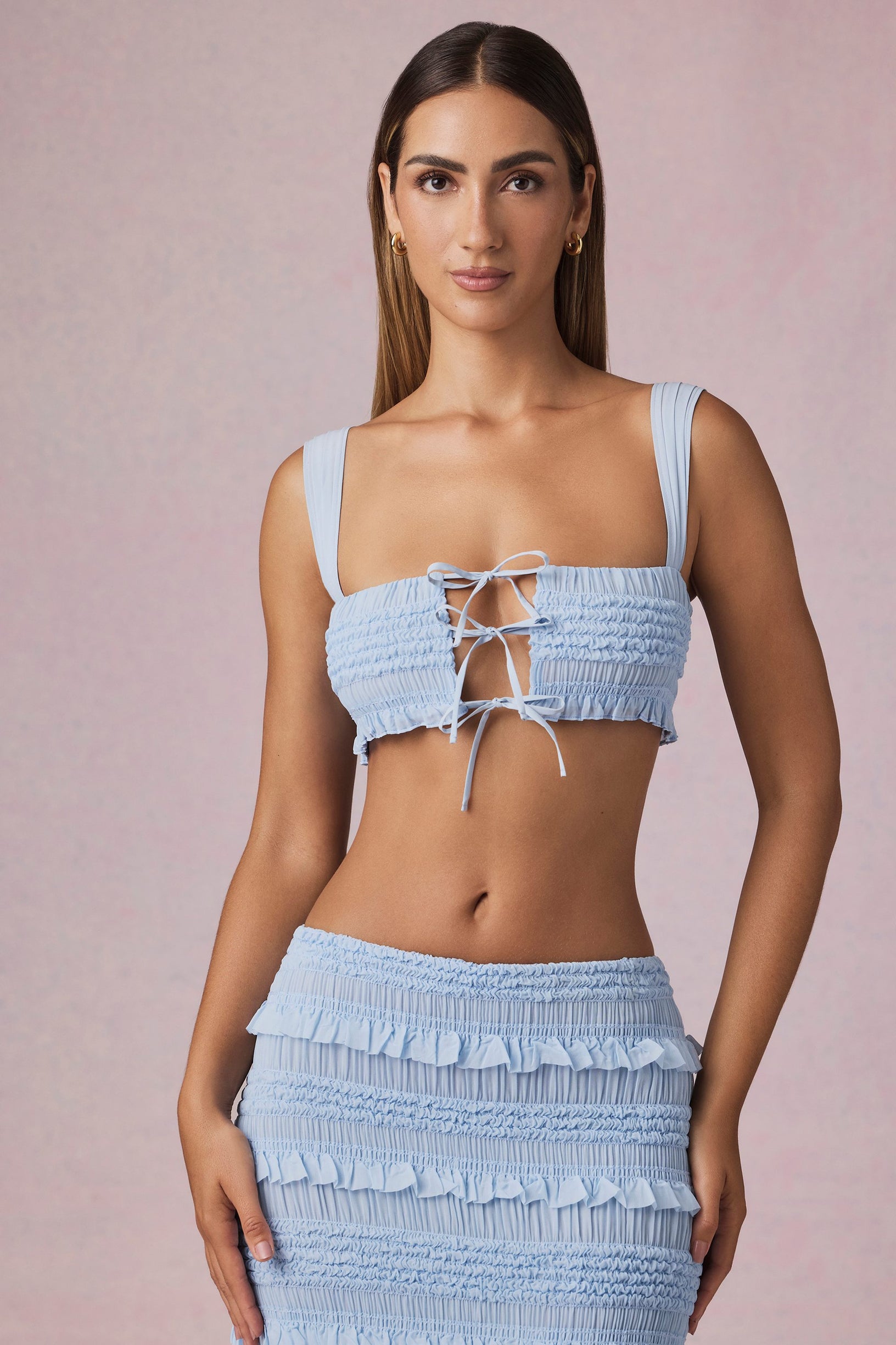 Ruffle Tie-Front Crop Top in Powder Blue - 1