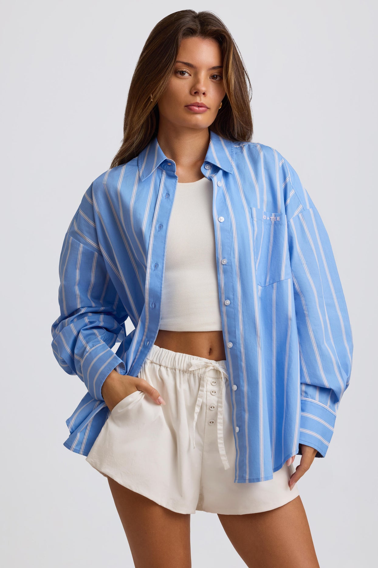 Cotton Poplin Stripe Oversized Shirt in Blue Stripe - 1