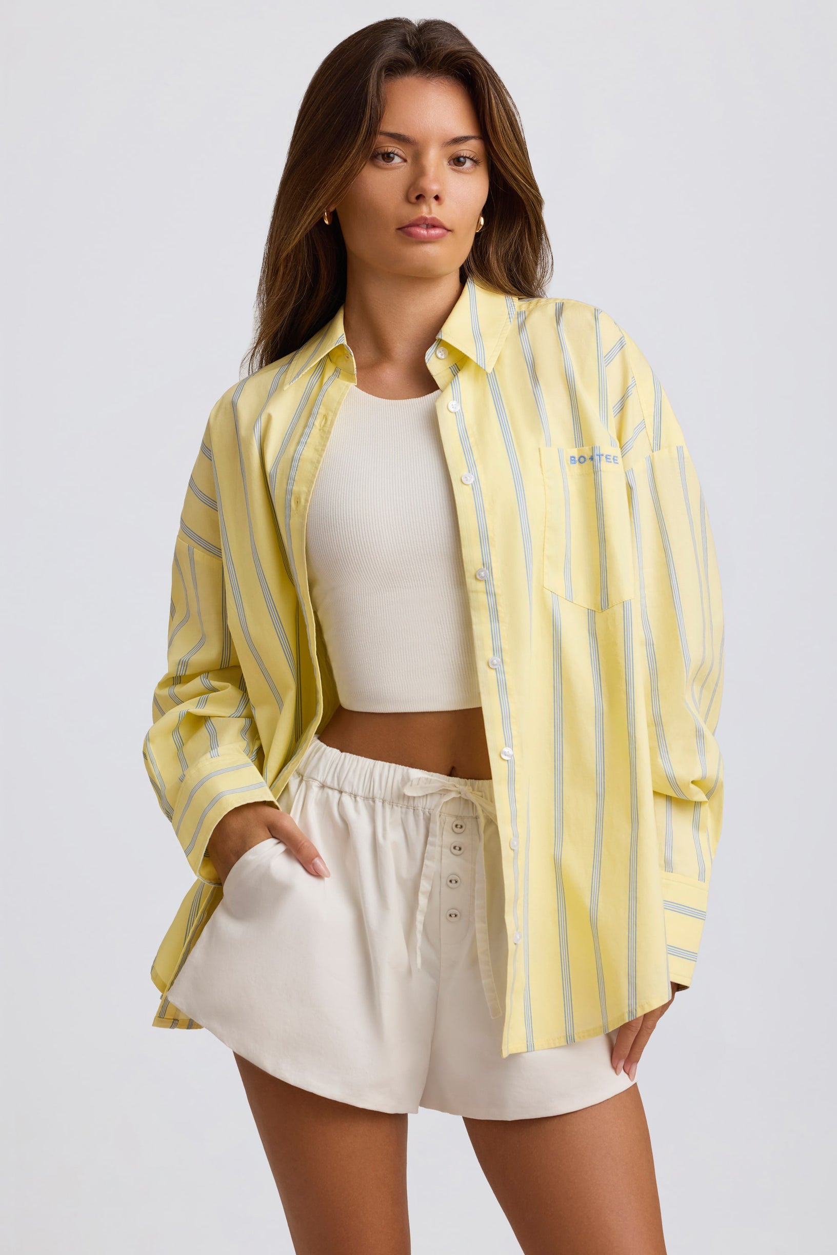 Cotton Poplin Stripe Oversized Shirt in Yellow Stripe - 1