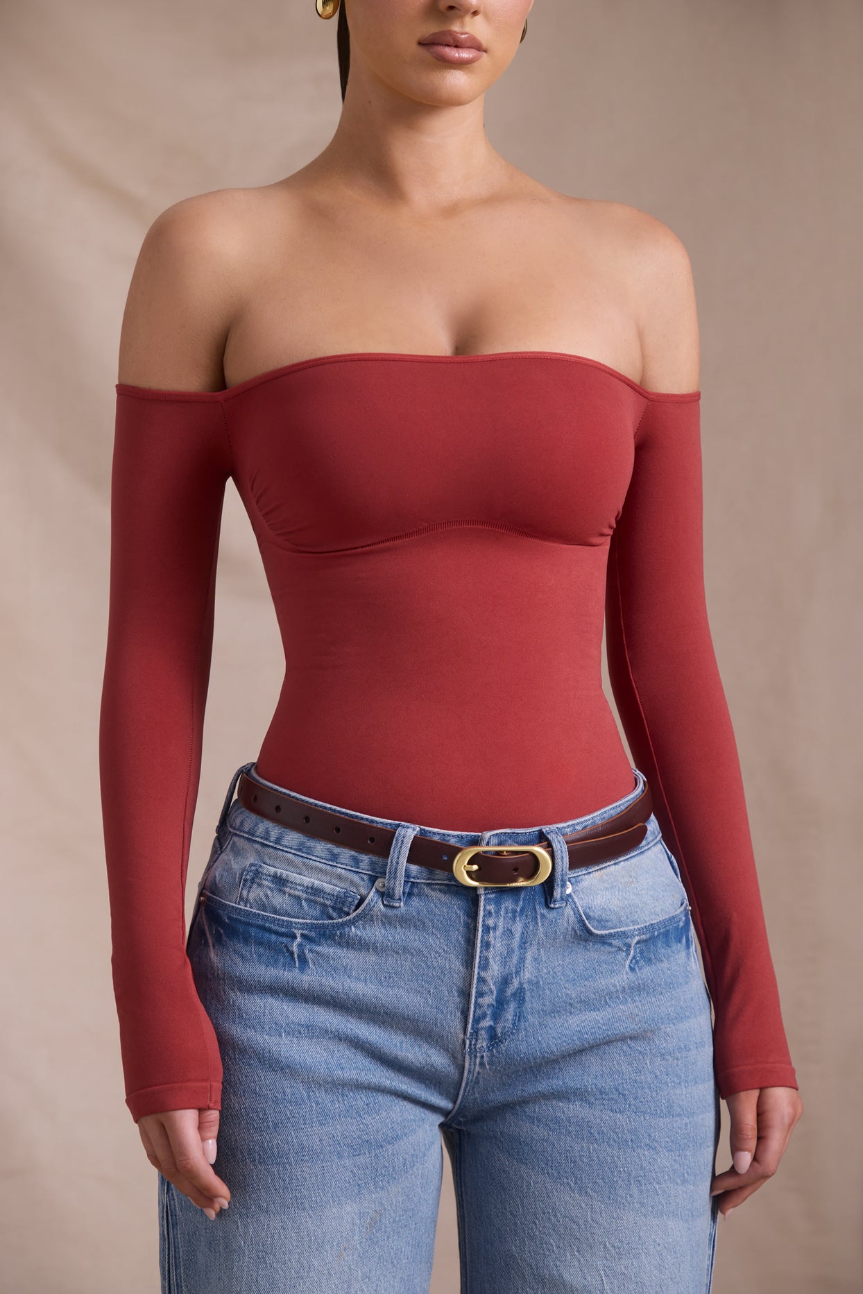 Seamless Off-Shoulder Long-Sleeve Bodysuit in Brick Red - 5