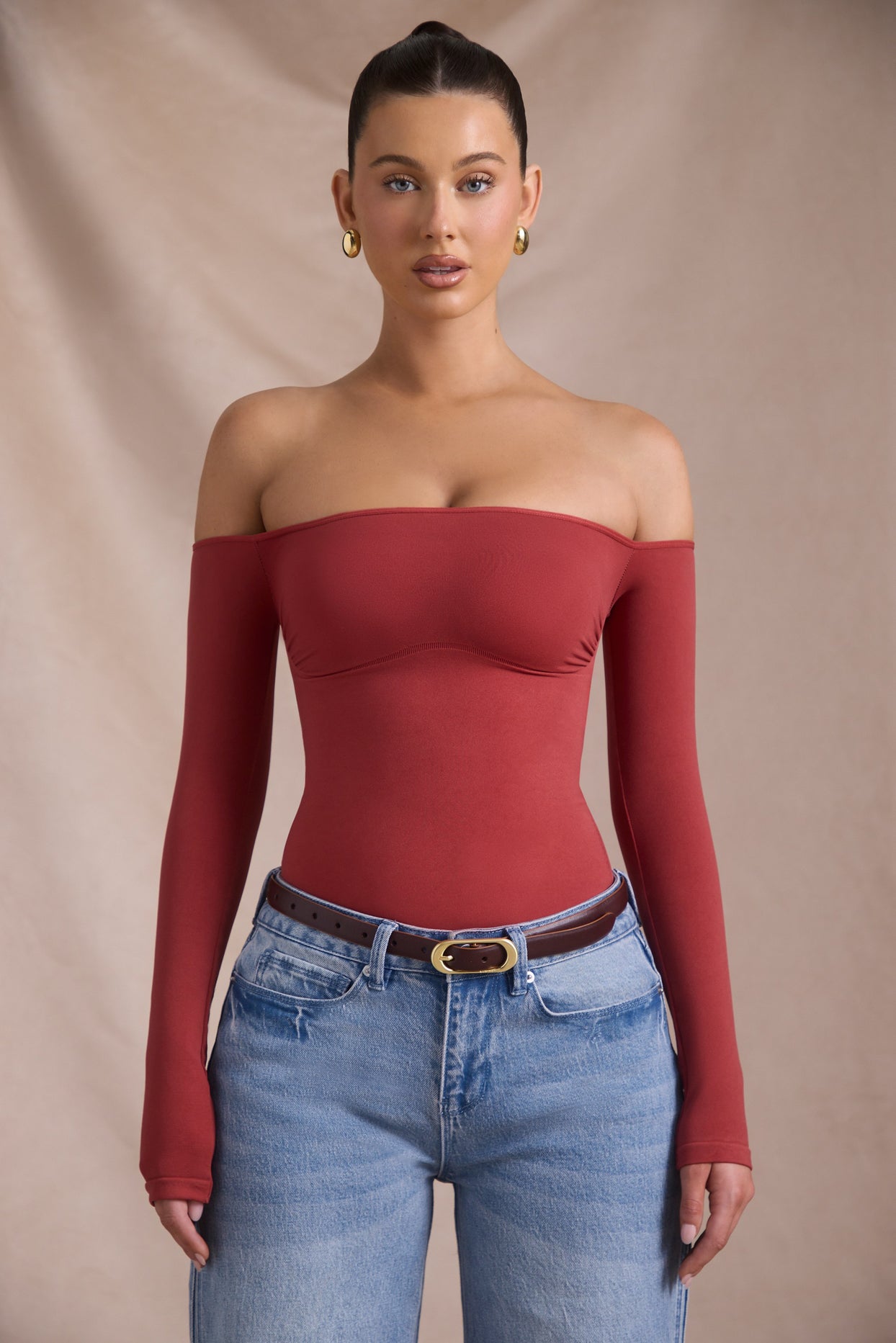 Seamless Off-Shoulder Long-Sleeve Bodysuit in Brick Red - 7