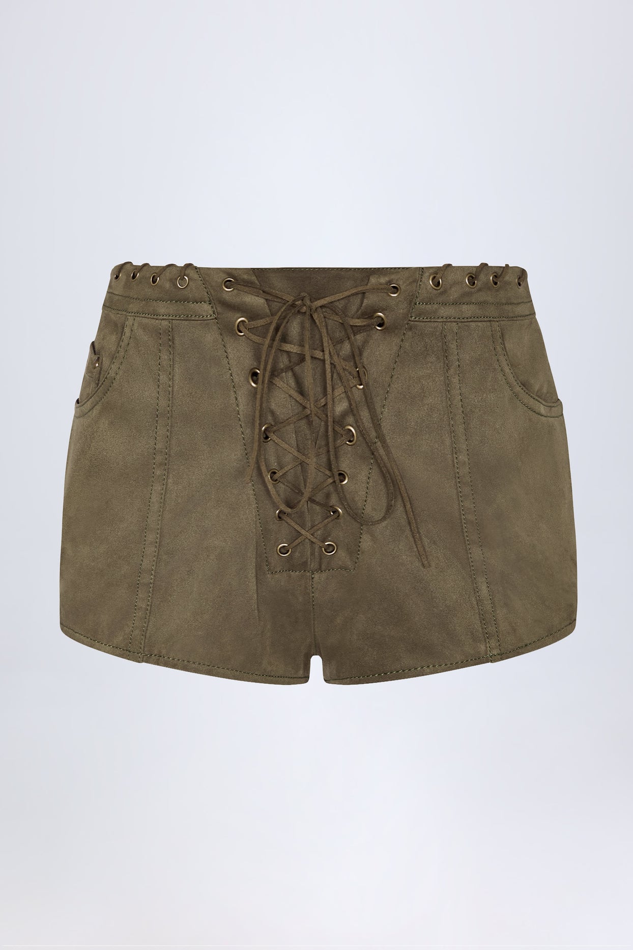 Lace-Up Mid-Rise Shorts in Dark Khaki - 1
