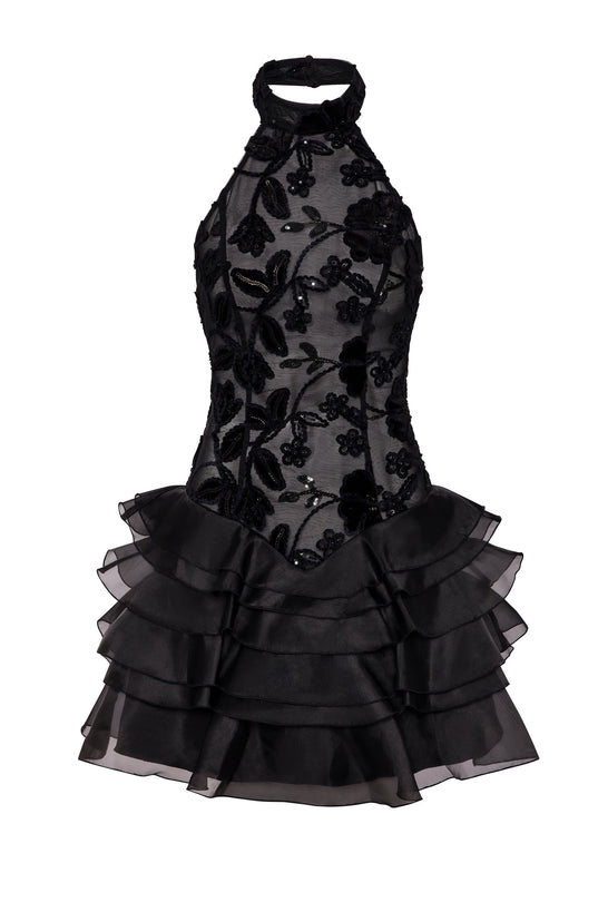 Embellished Ruffled Halterneck Mini Dress in Black