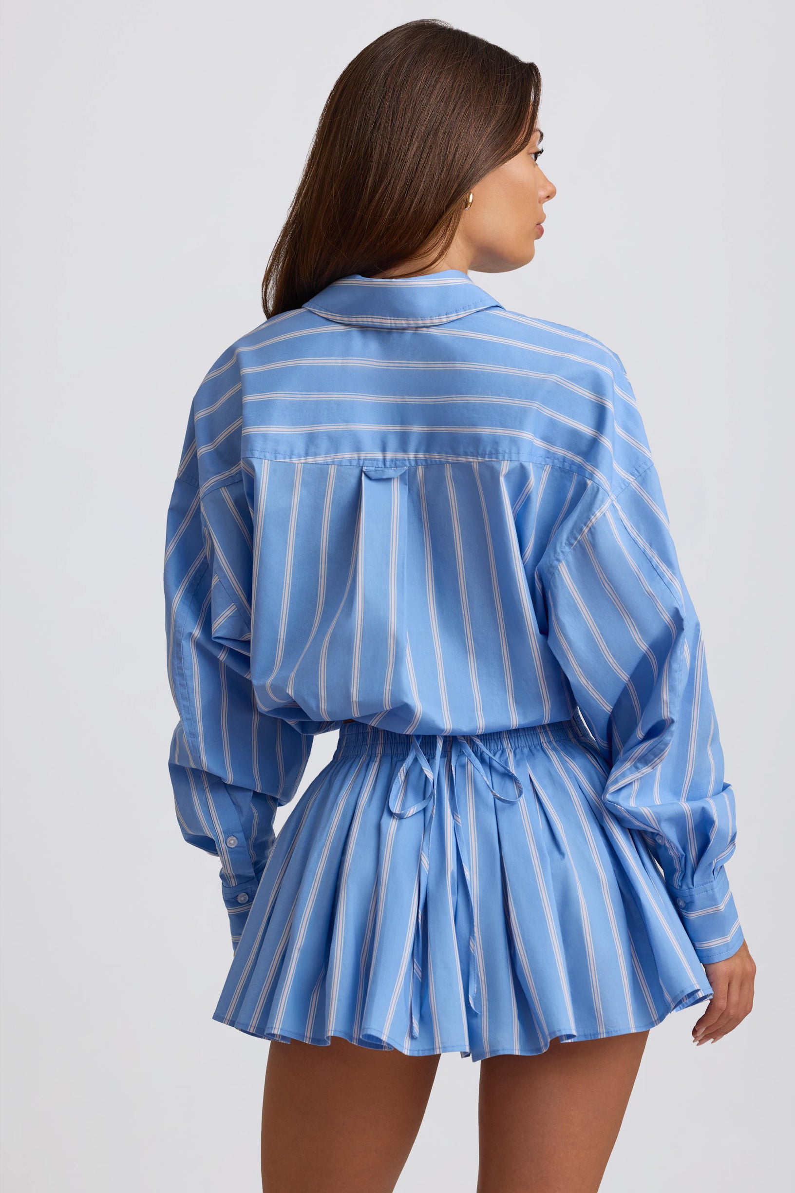 Cotton Poplin Stripe Pleated Shorts in Blue Stripe - 2