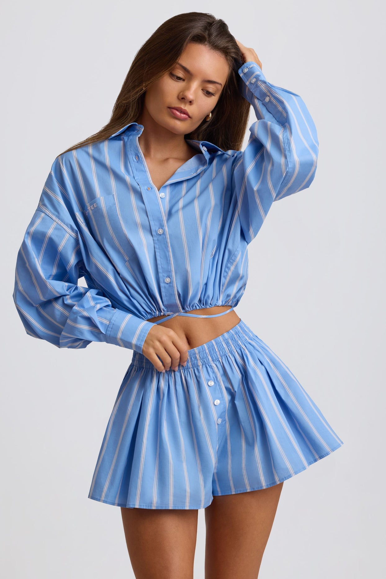 Cotton Poplin Stripe Pleated Shorts in Blue Stripe - 4