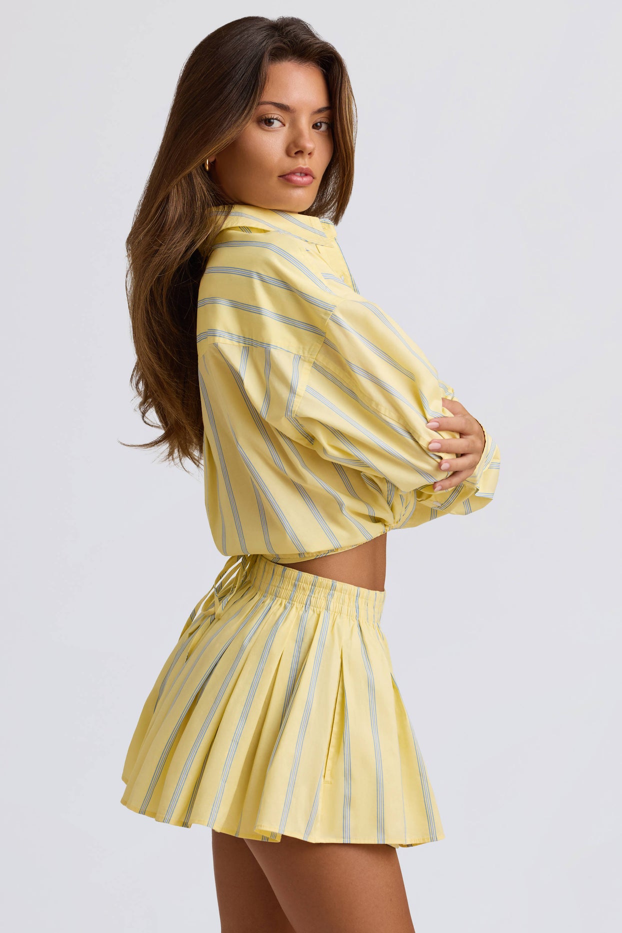 Cotton Poplin Stripe Pleated Shorts in Yellow Stripe - 3
