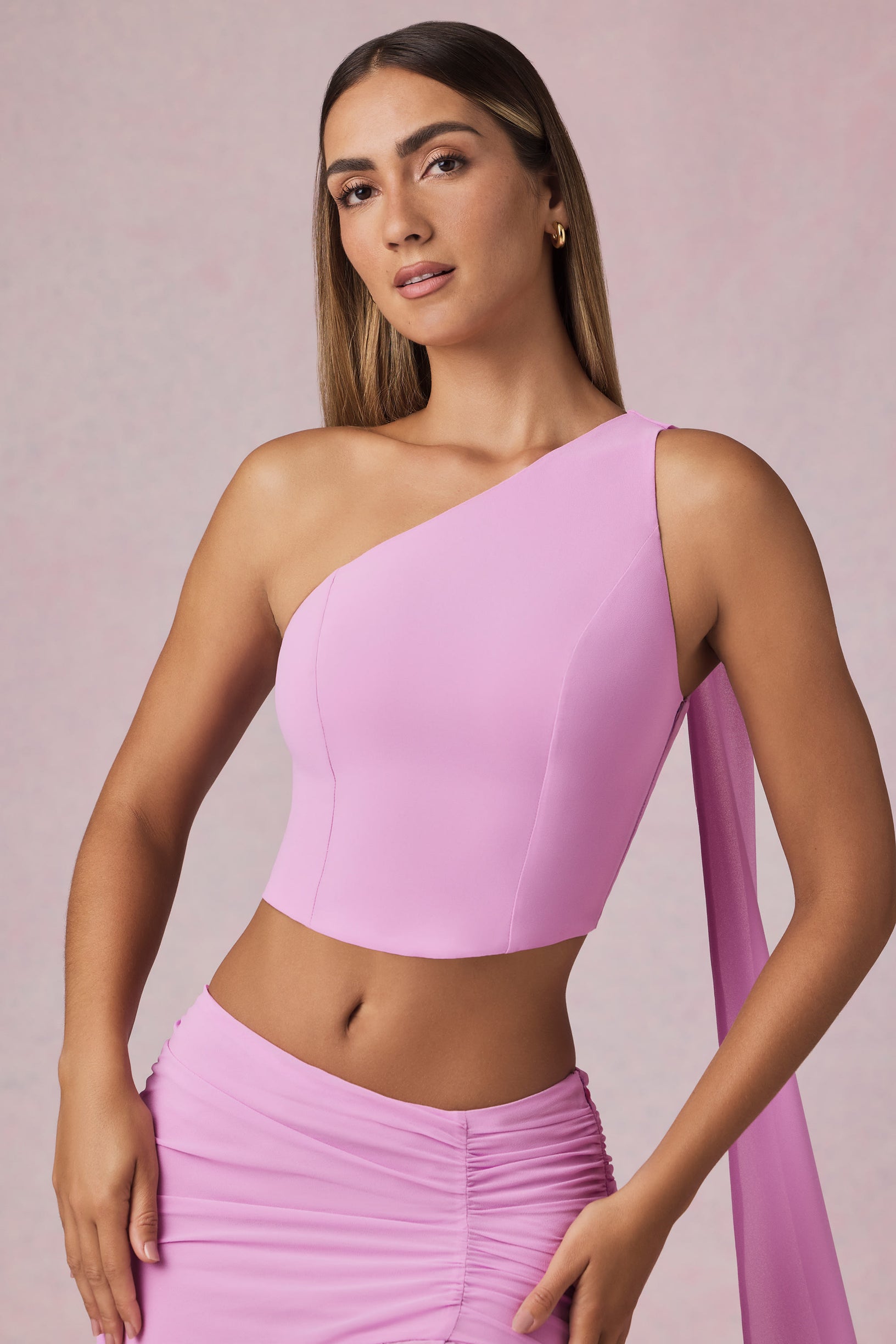 Scarf-Detail One-Shoulder Top in Pink Orchid - 1