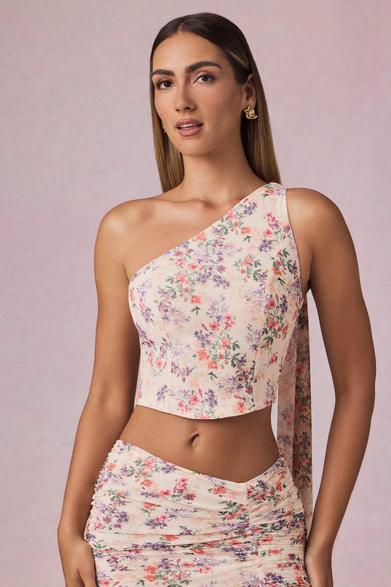 Scarf-Detail One-Shoulder Top in Primrose Floral Print - 1