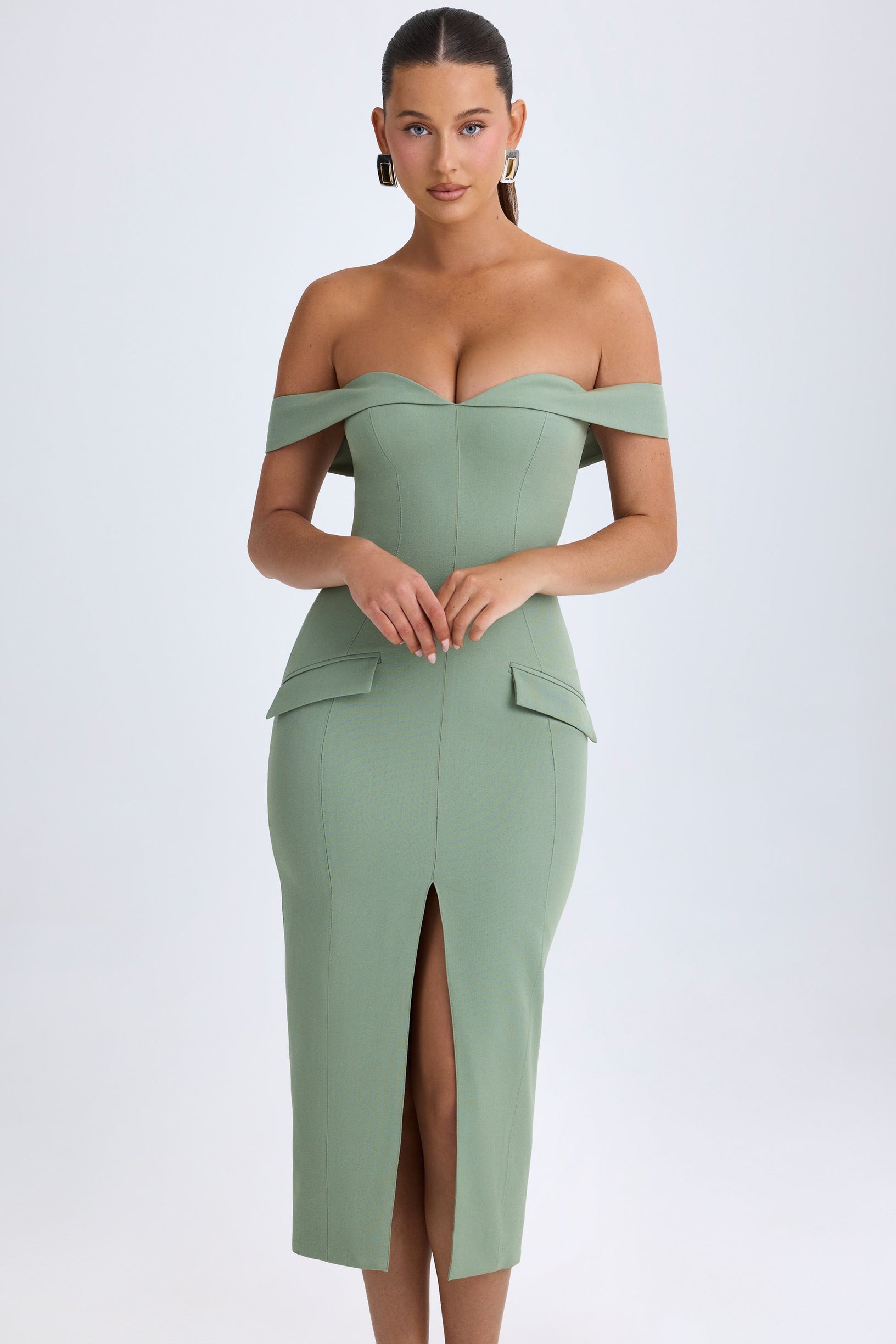 Off-Shoulder Midaxi Dress in Khaki Green - 1