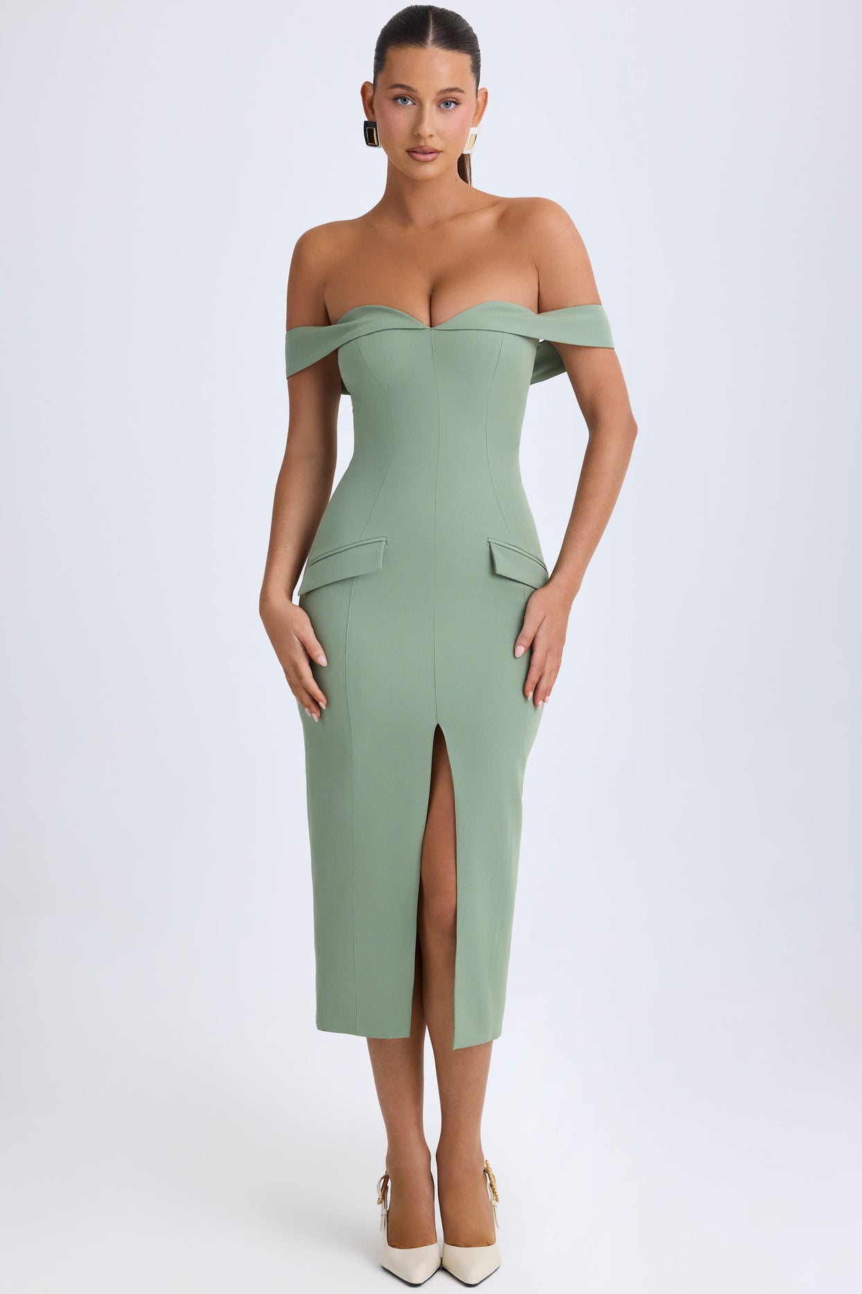 Off-Shoulder Midaxi Dress in Khaki Green - 2