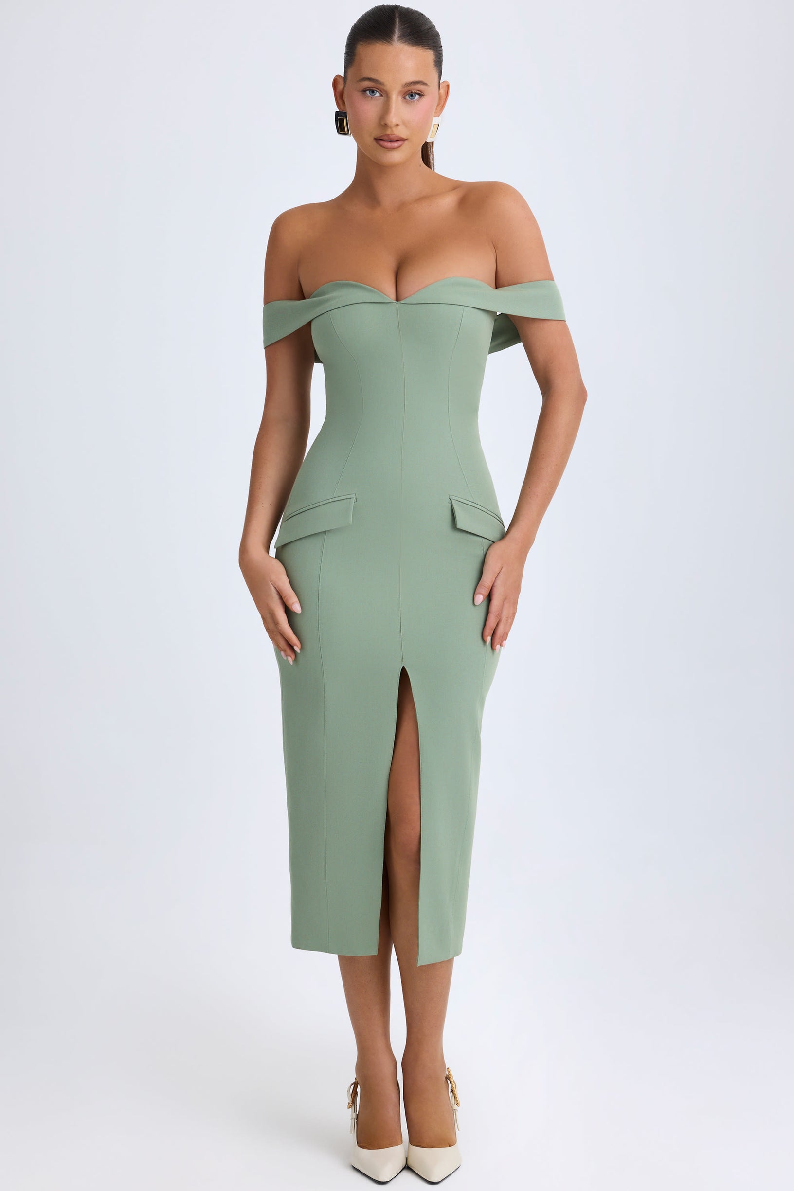 Off-Shoulder Midaxi Dress in Khaki Green - 2