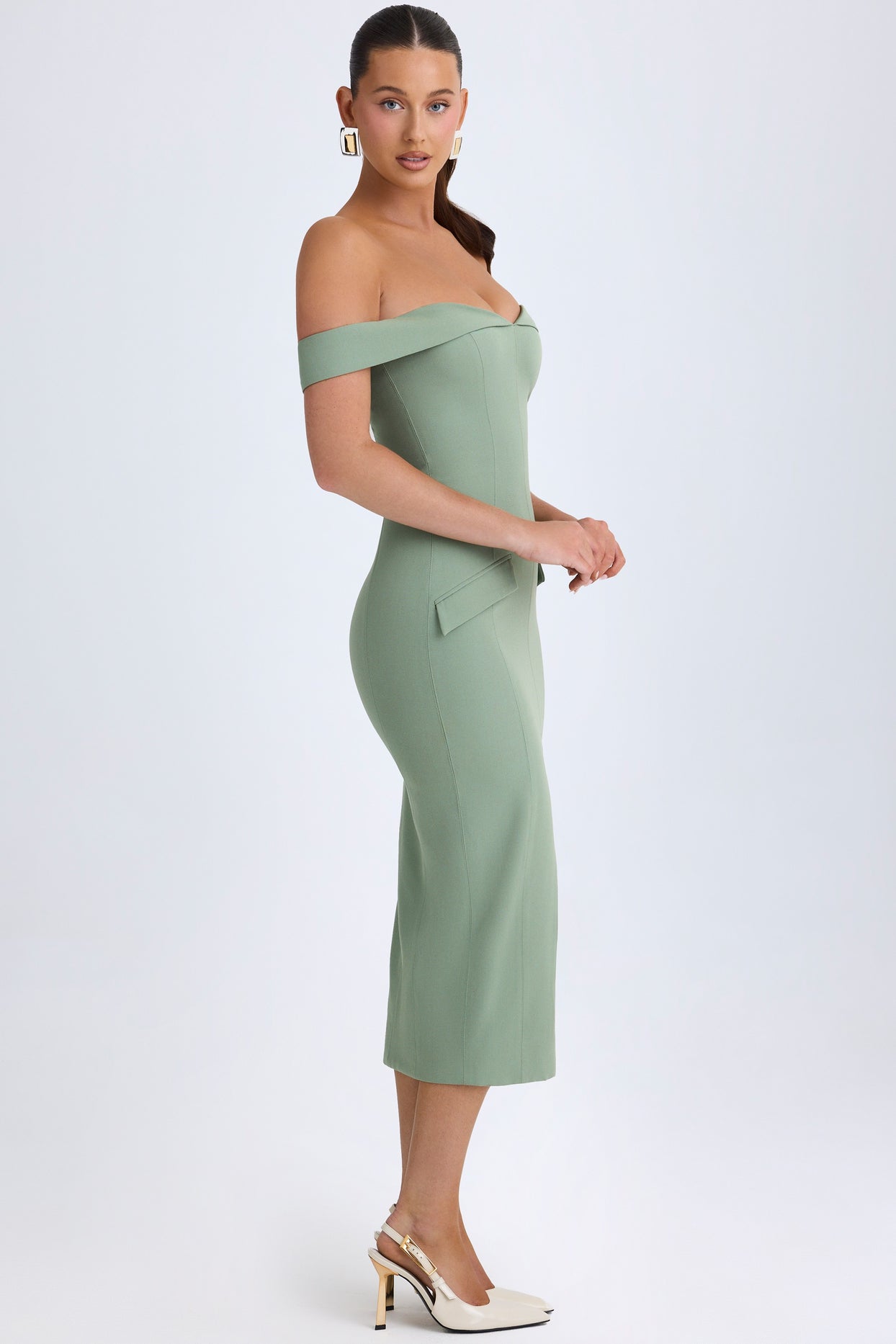 Off-Shoulder Midaxi Dress in Khaki Green - 4