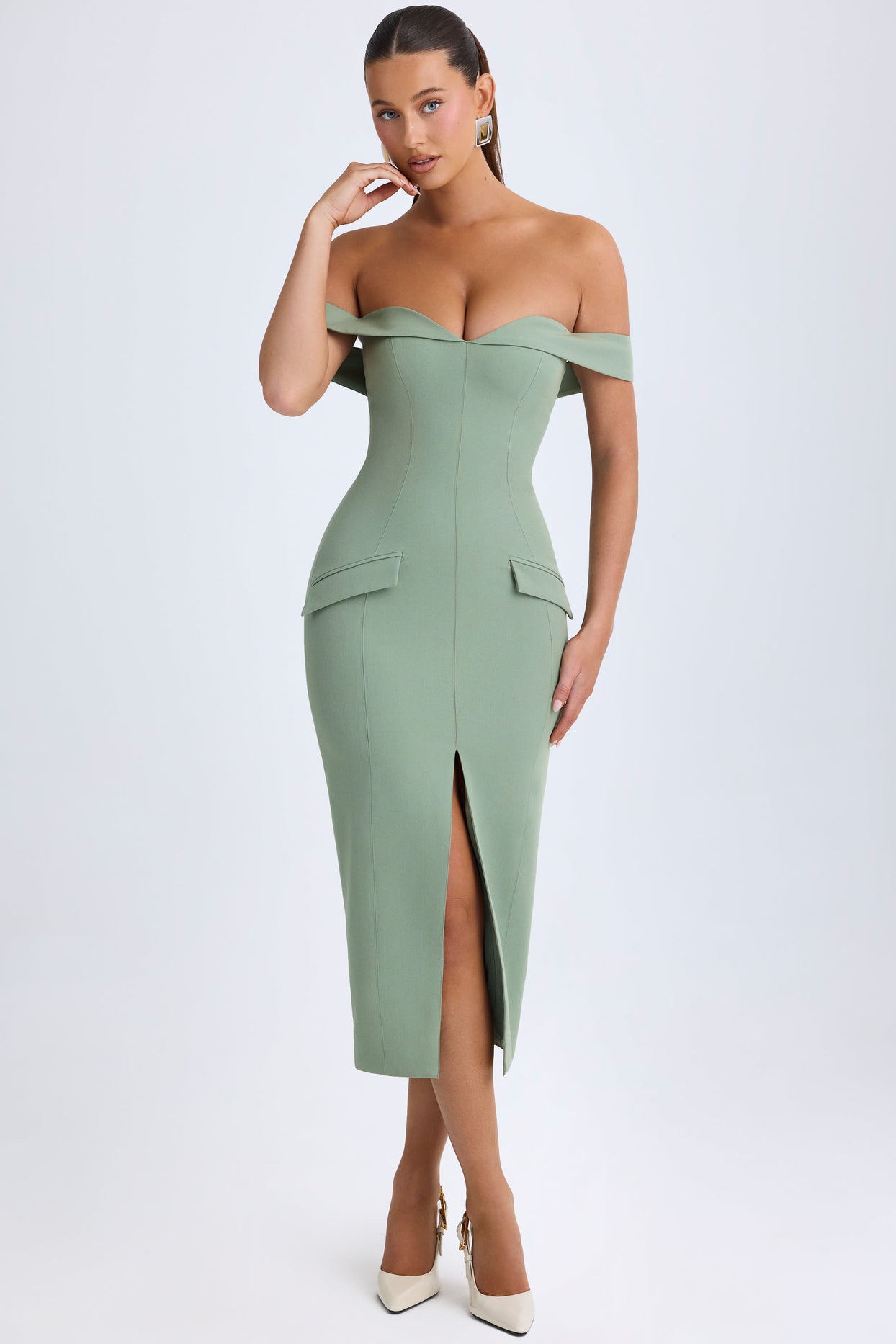 Off-Shoulder Midaxi Dress in Khaki Green - 6