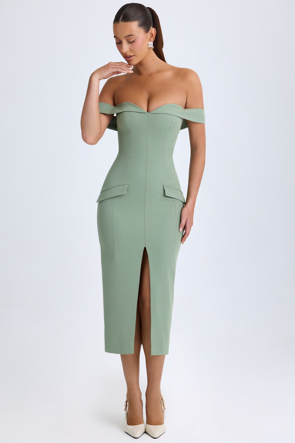 Off-Shoulder Midaxi Dress in Khaki Green - 7
