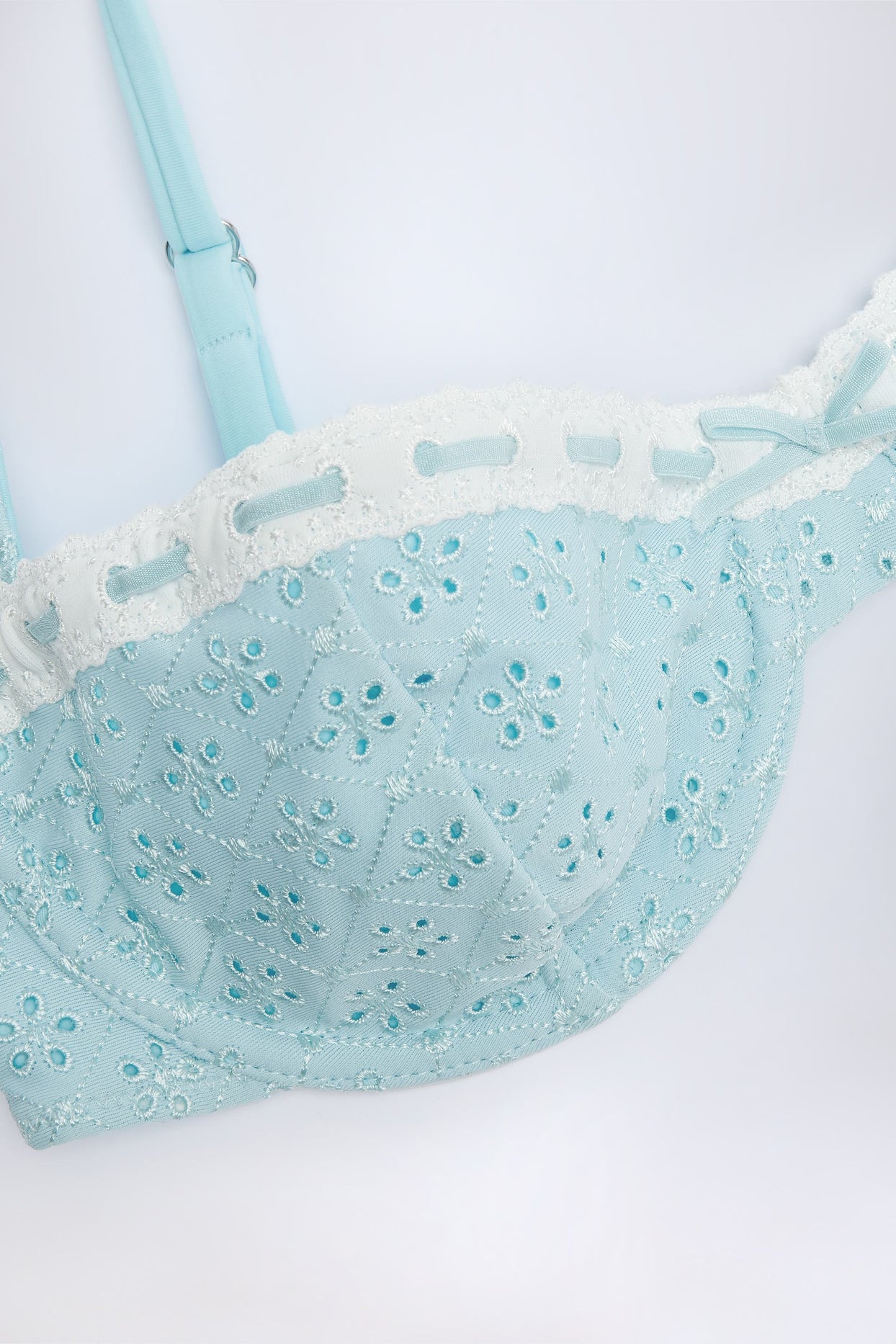 Broderie Anglaise Underwired Balconette Bikini Top in Powder Blue - 4
