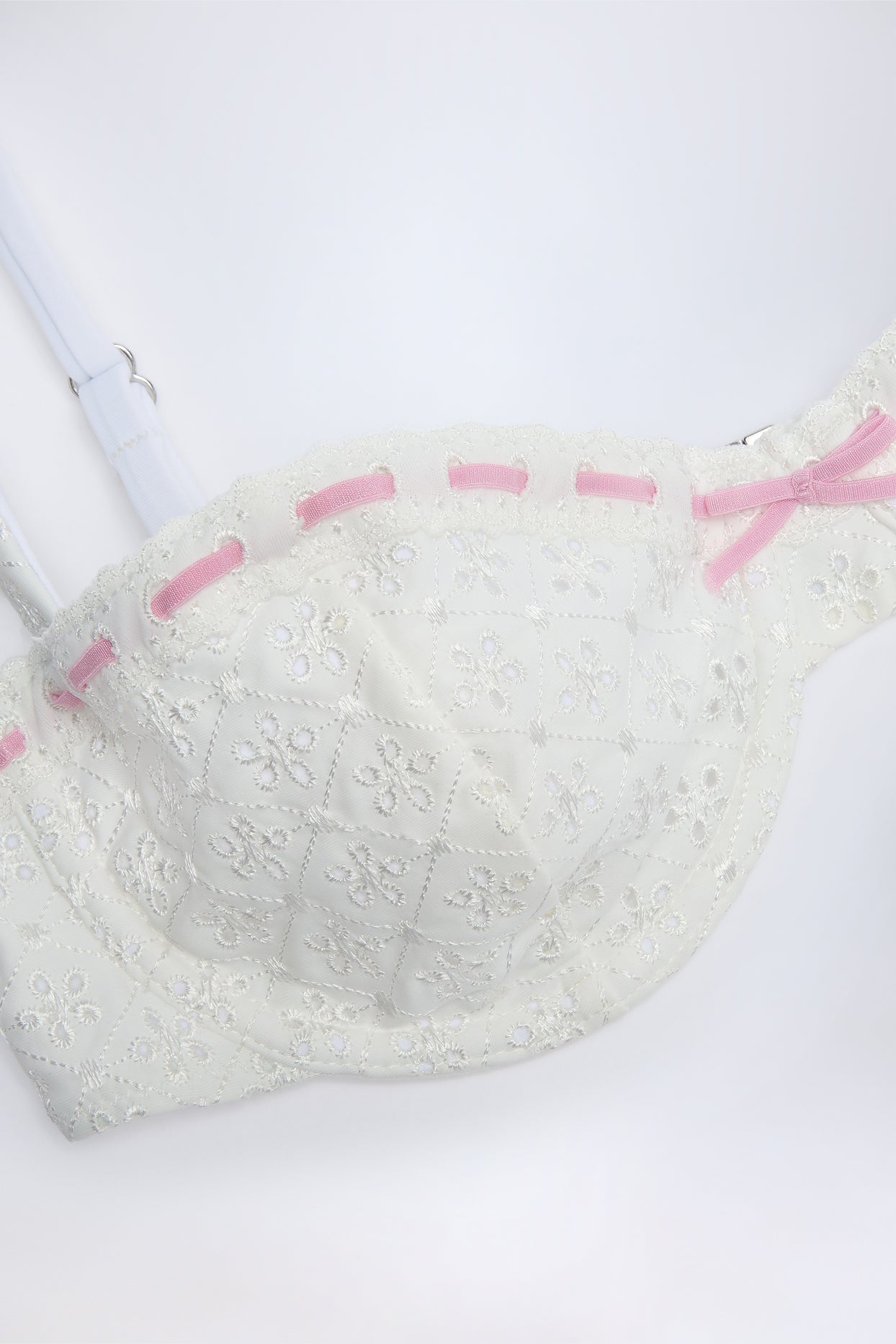 Broderie Anglaise Underwired Balconette Bikini Top in White - 4