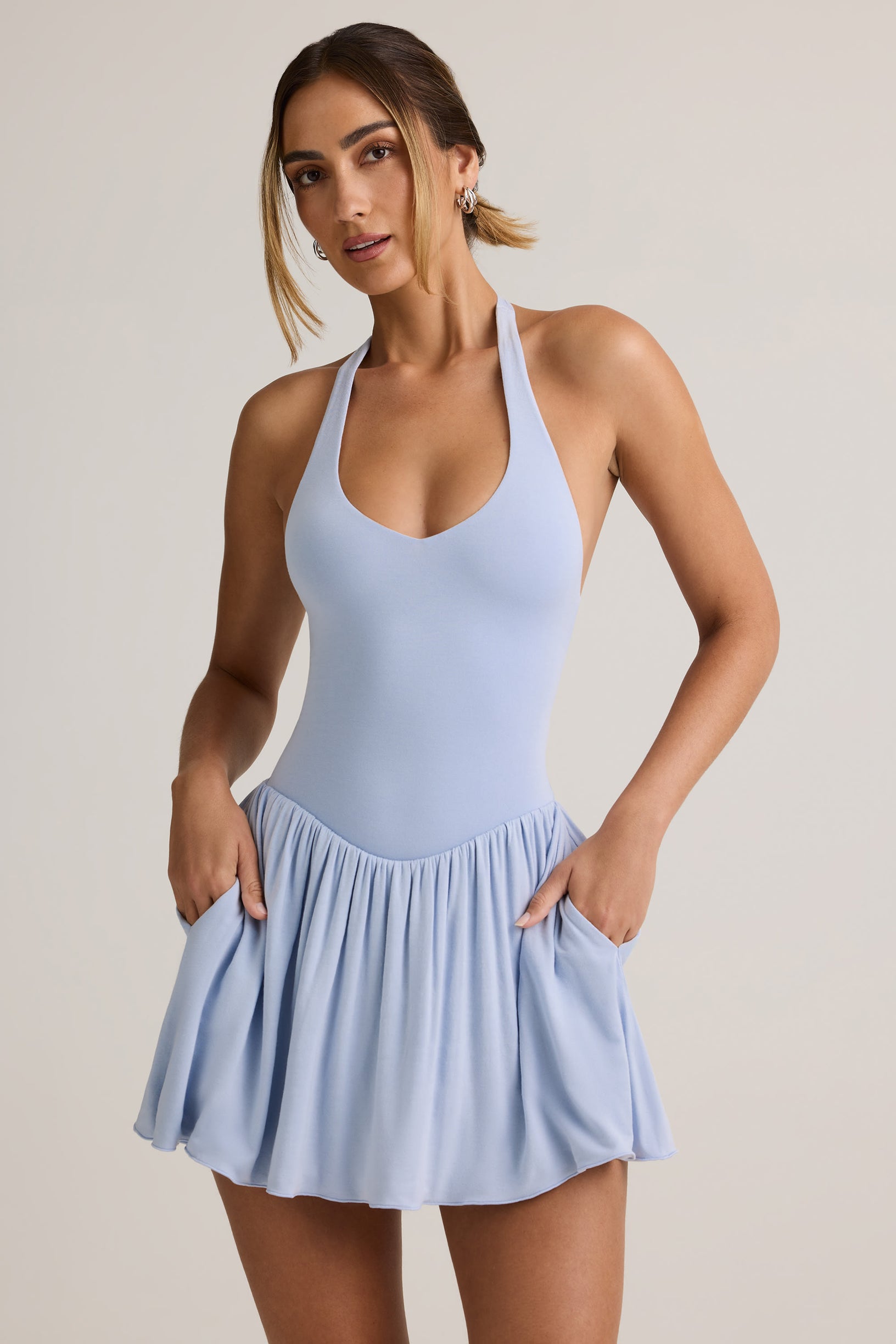 Modal Backless Halterneck Mini Dress in Light Blue - 1