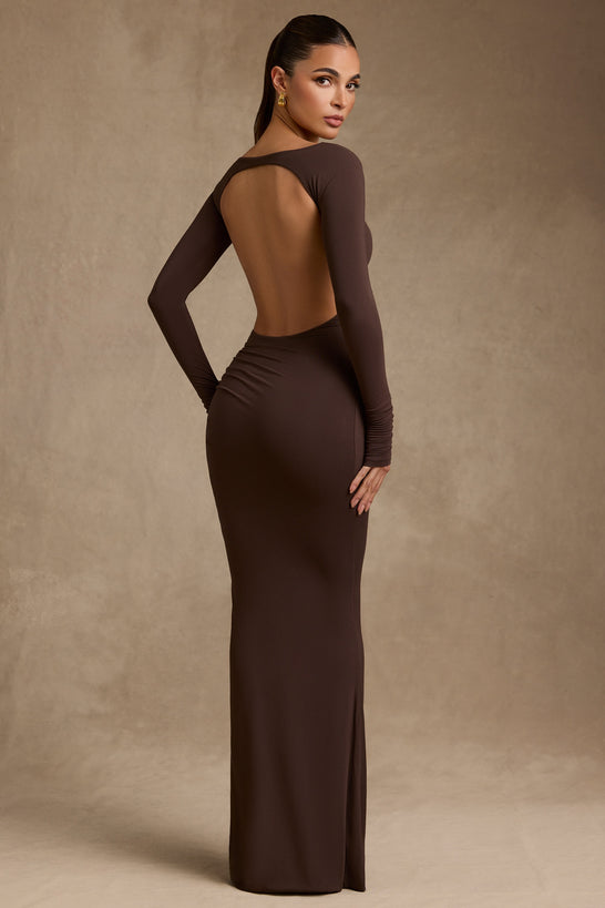 Modal Ruched Backless Maxi Dress in Chocolate Brown