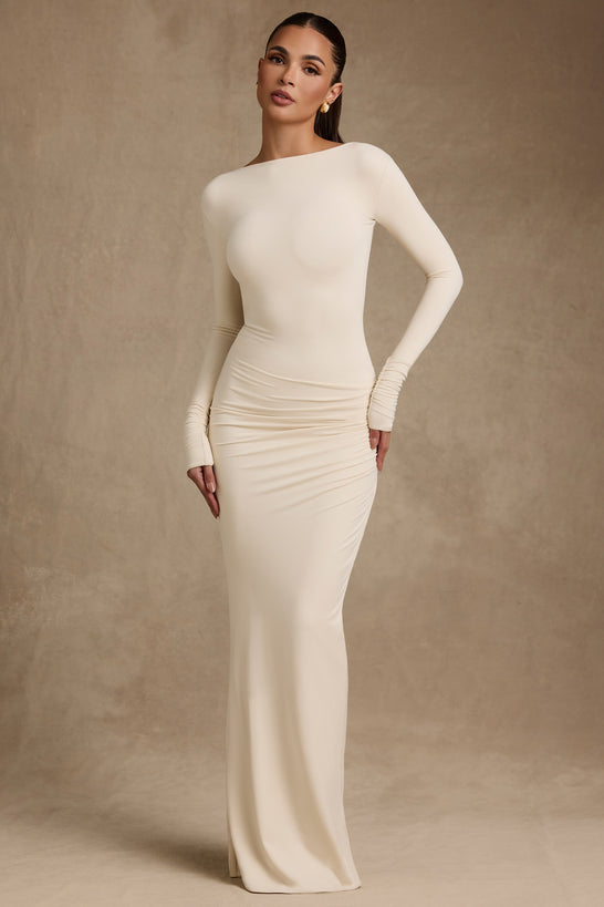 Modal Ruched Backless Maxi Dress in Ivory