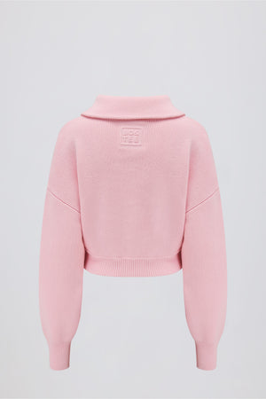Ribbed Knit Zip-Up Cropped Sweatshirt in Pale Pink
