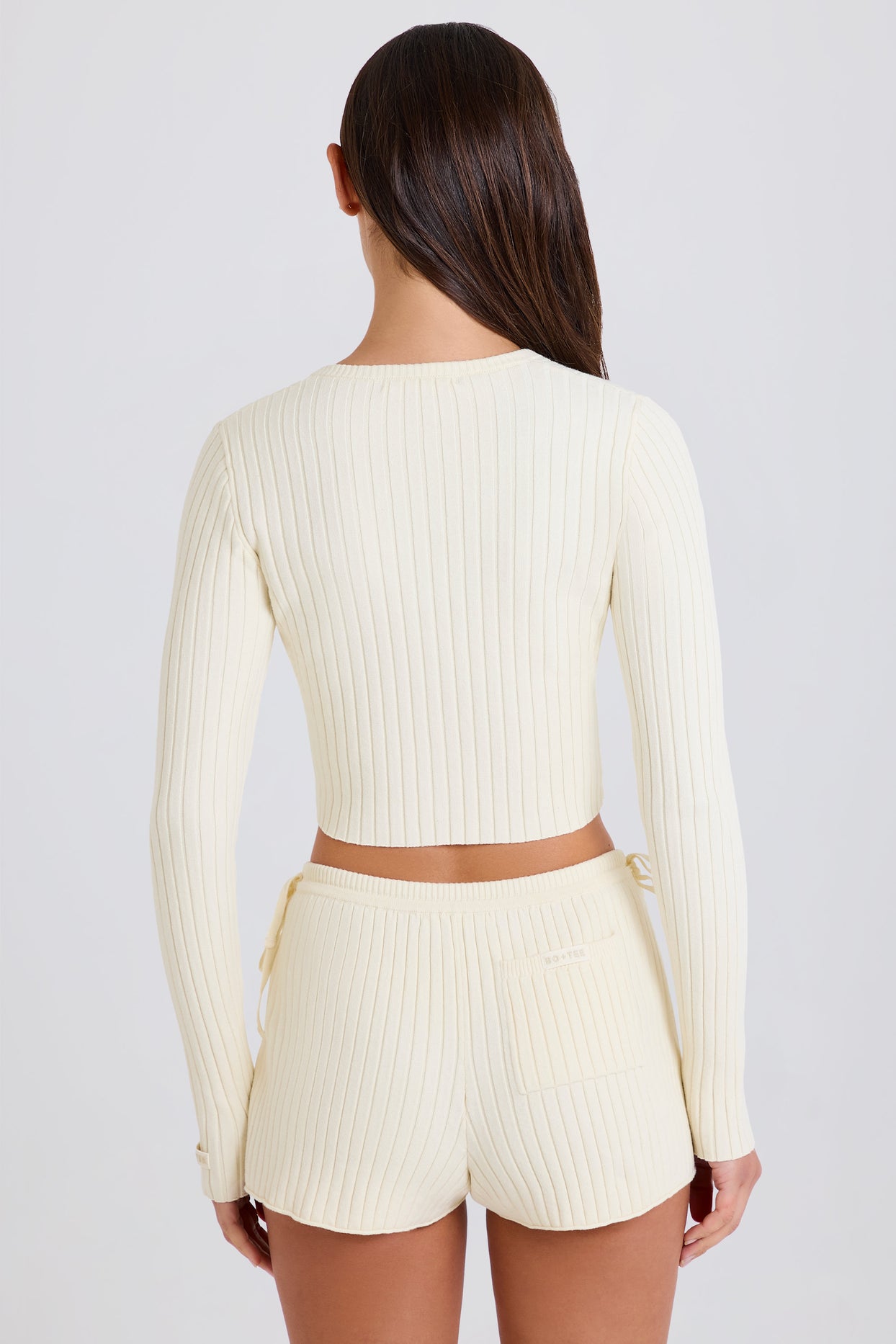Ribbed Knit Tie Mini Shorts in Cream - 2