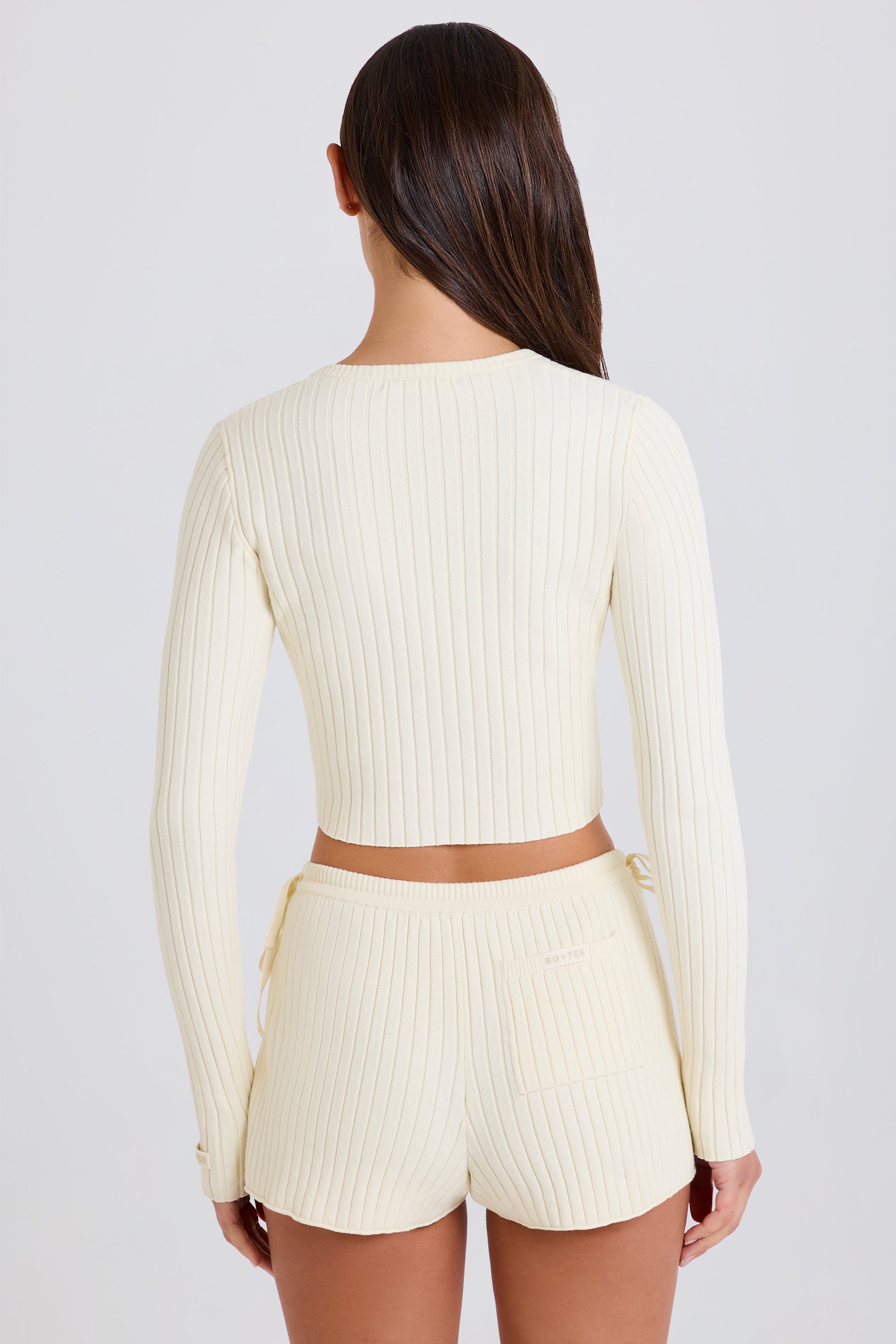 Ribbed Knit Tie Mini Shorts in Cream - 2