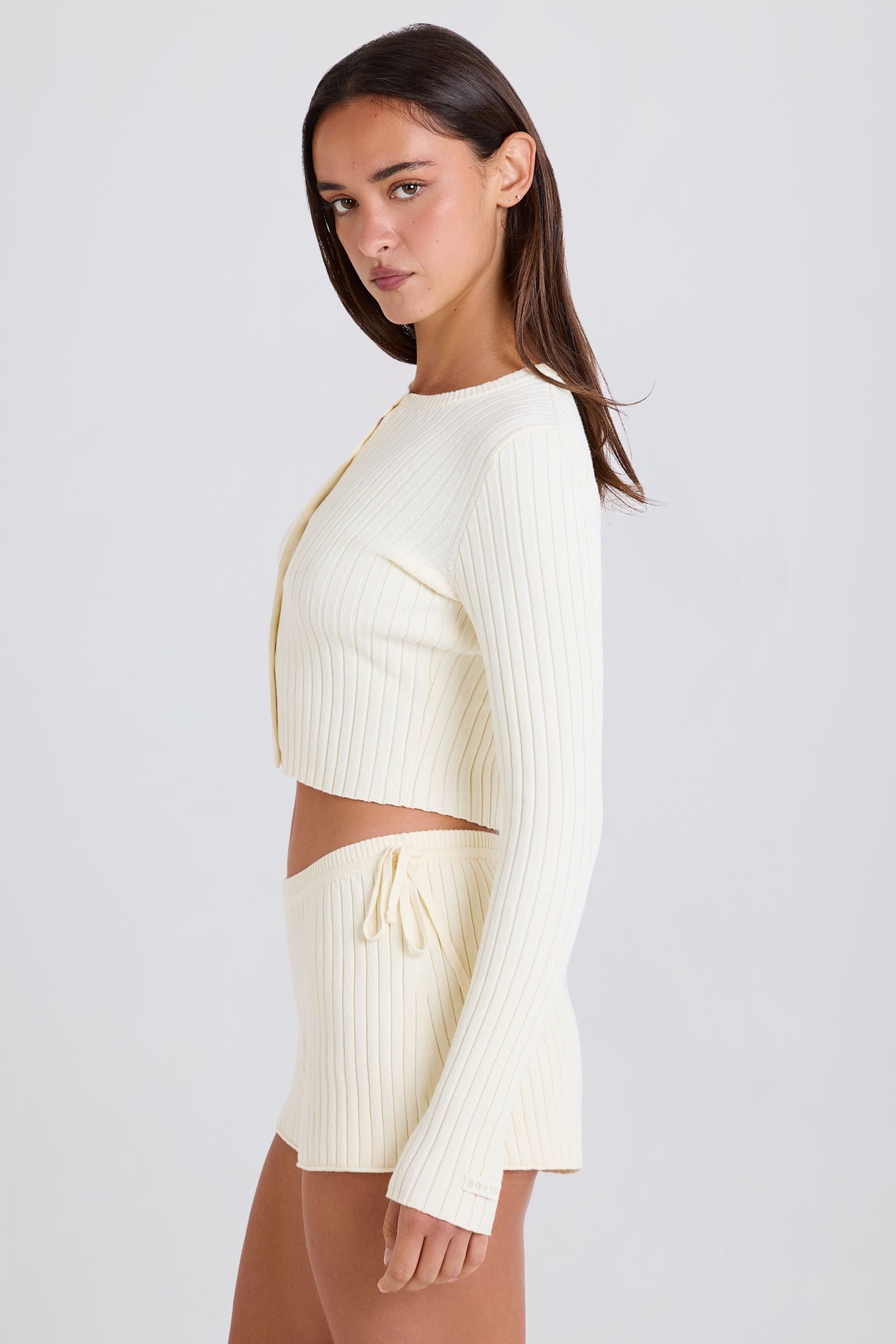 Ribbed Knit Tie Mini Shorts in Cream - 3