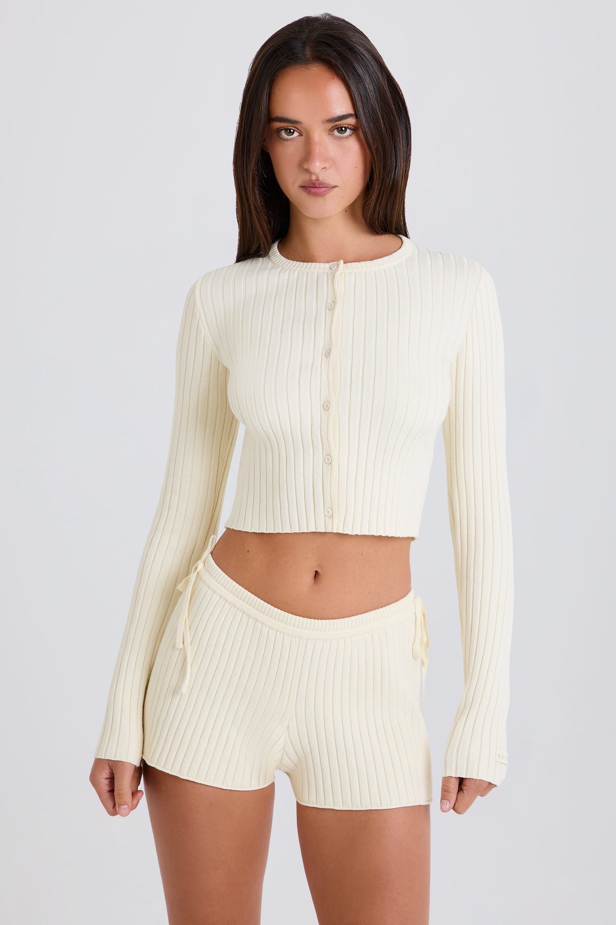 Ribbed Knit Tie Mini Shorts in Cream - 4