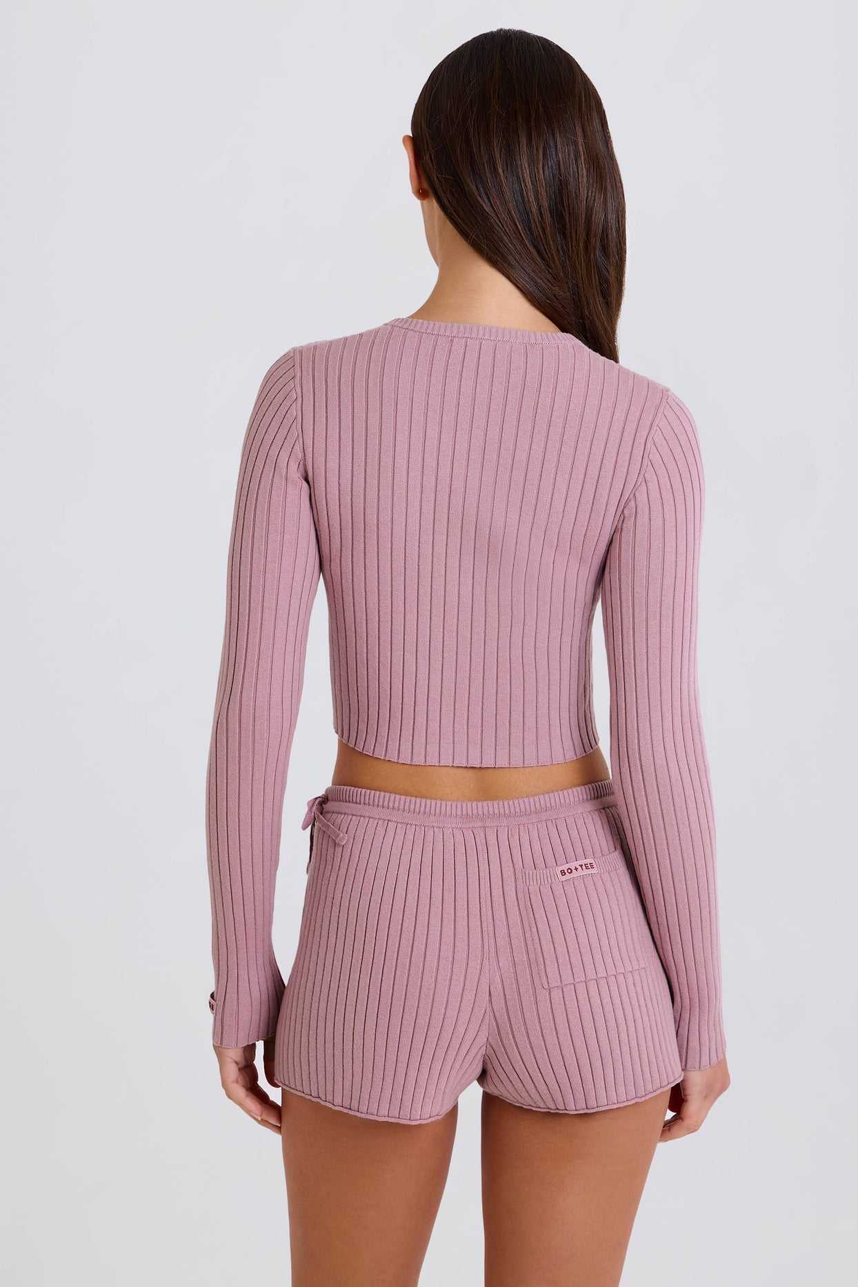 Ribbed Knit Tie Mini Shorts in Mauve - 8