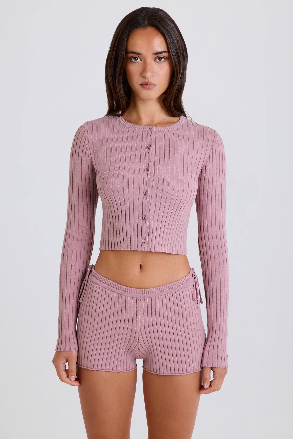 Ribbed Knit Tie Mini Shorts in Mauve - 10